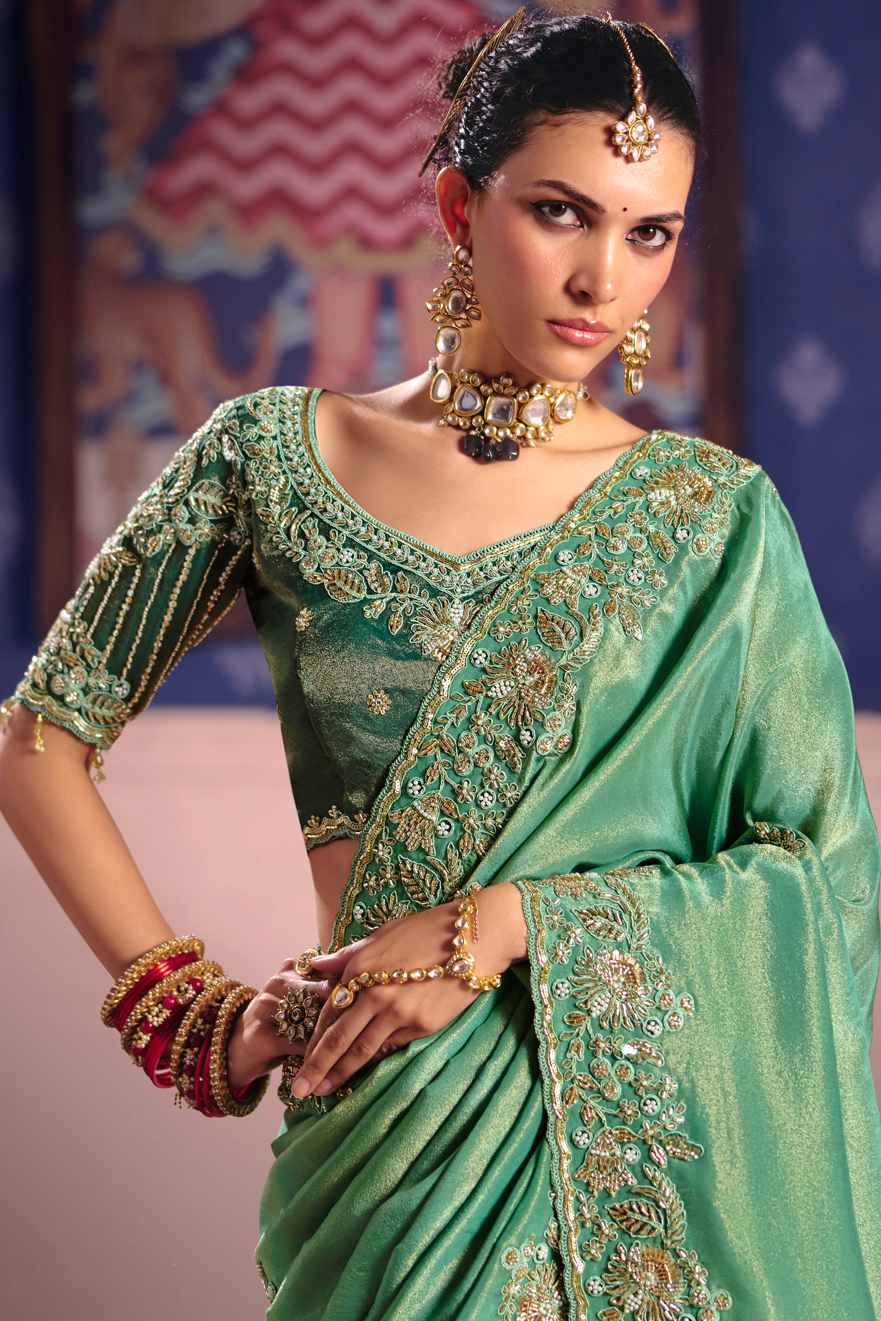 Sea Green Saree With Heavy Embroidery, Beads With Sequince Work