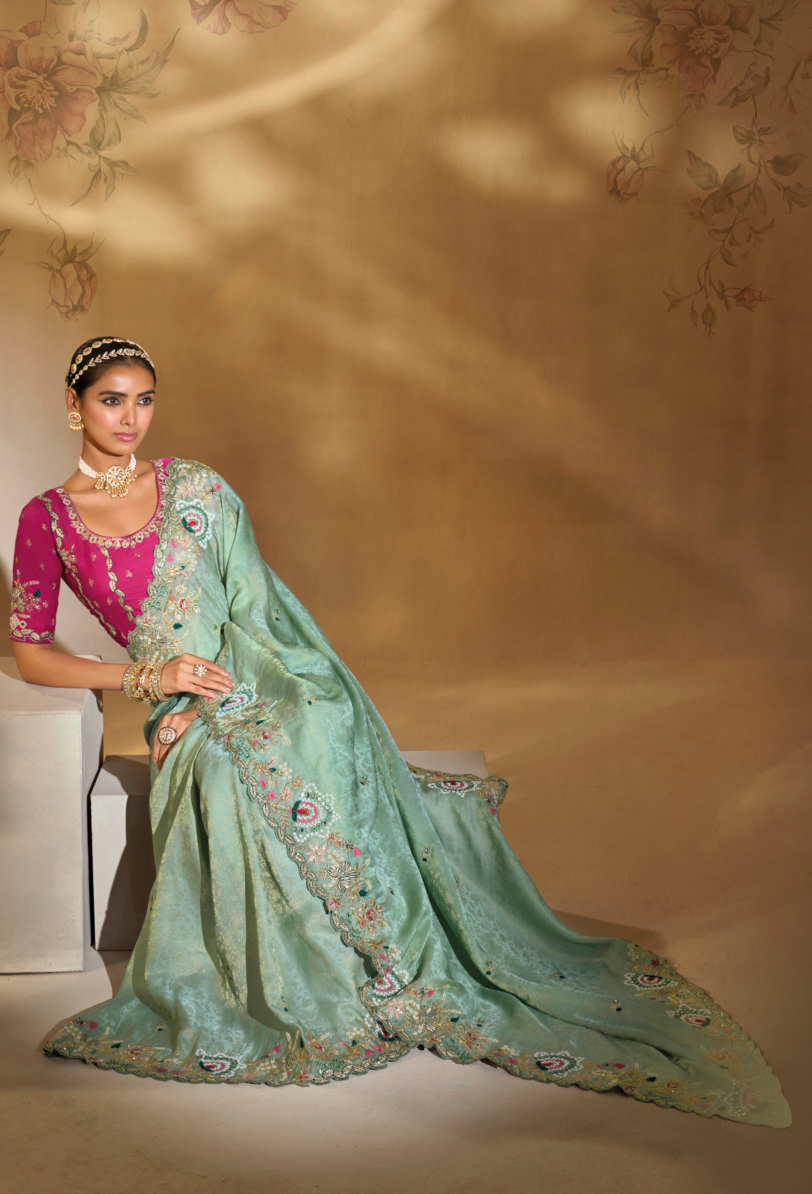 Sea Green Saree With Jari, Thread, Moti, Cut-Dana With Mirror Heavy Work