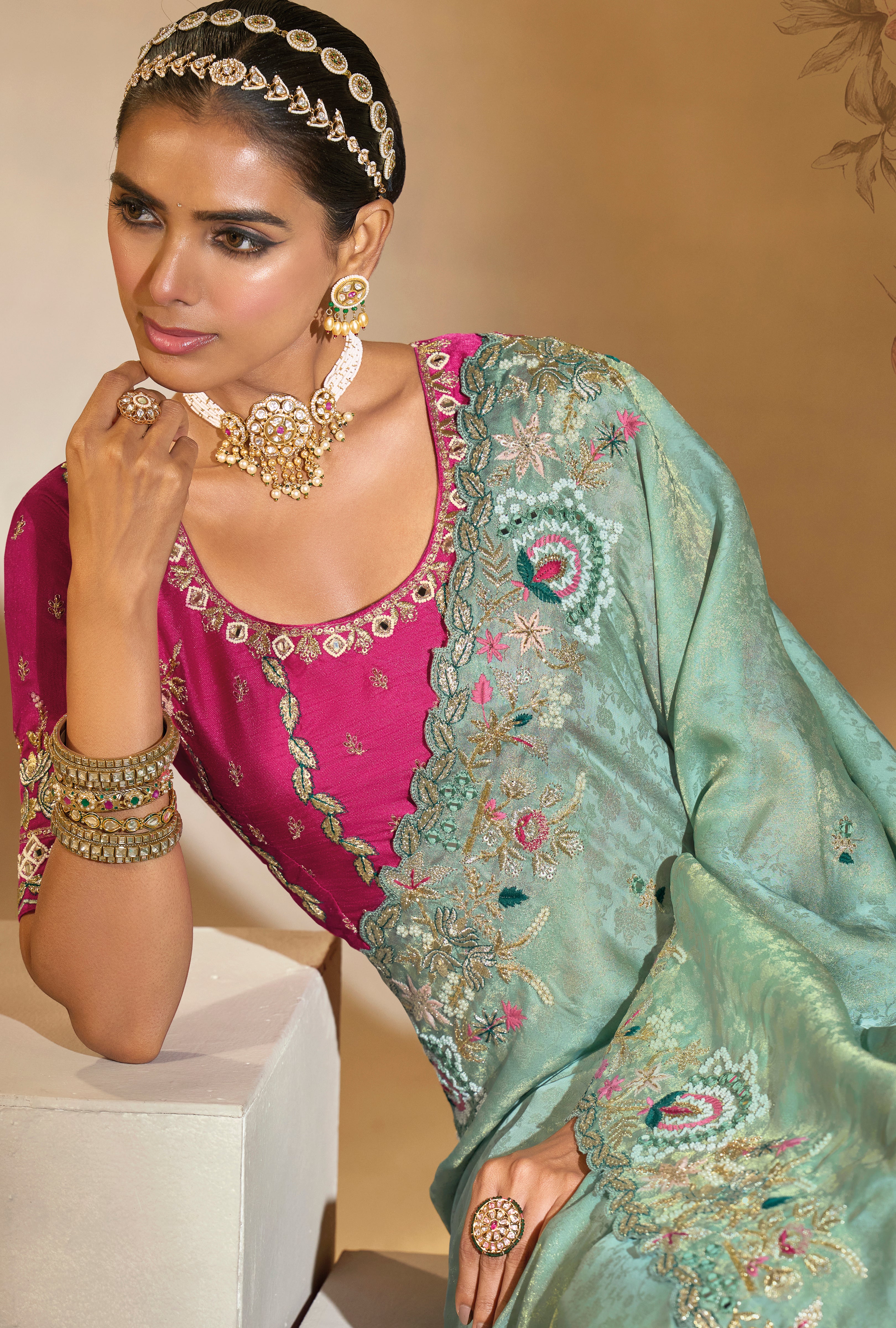 Sea Green Saree With Jari, Thread, Moti, Cut-Dana With Mirror Heavy Work