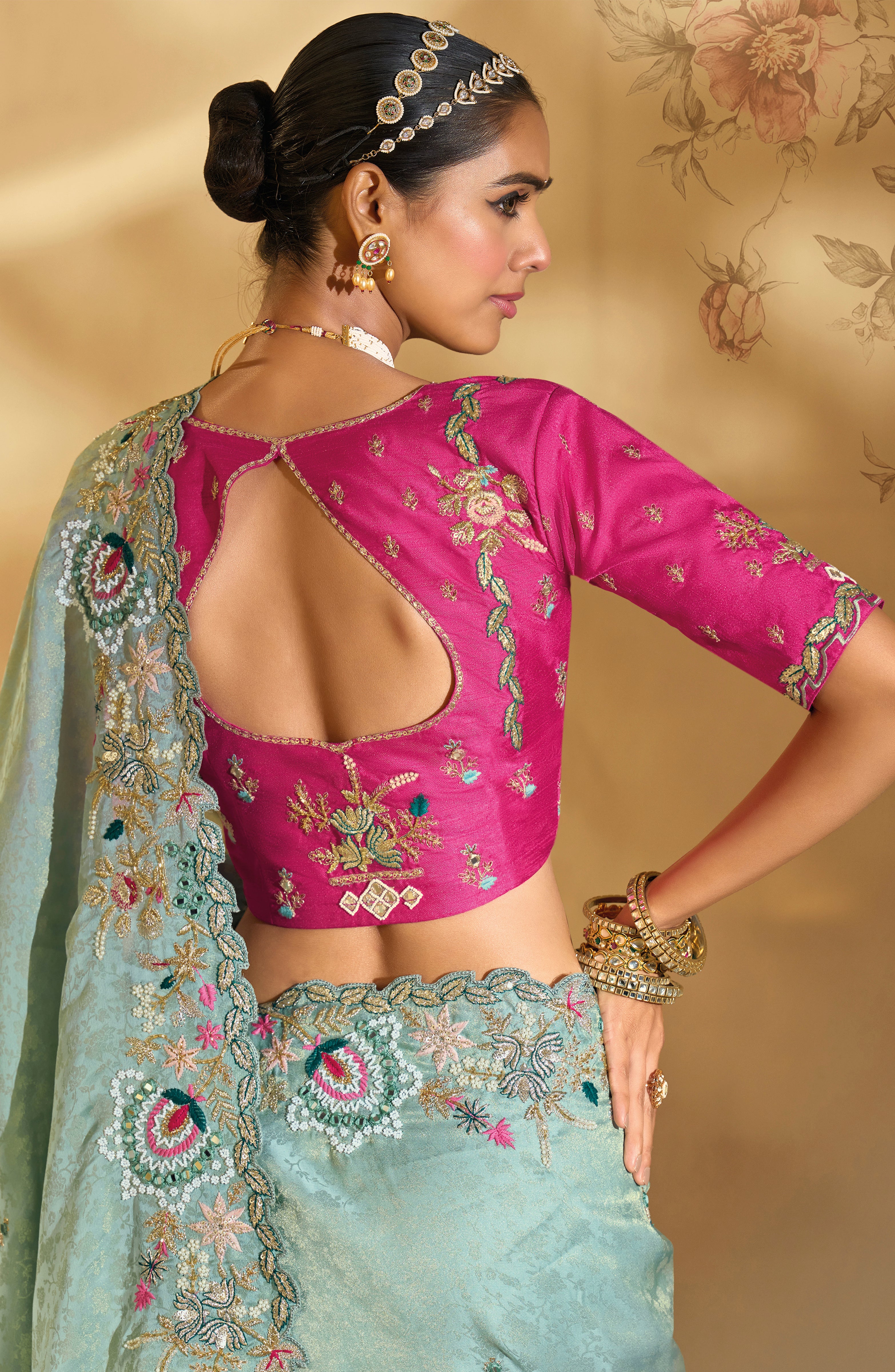 Sea Green Saree With Jari, Thread, Moti, Cut-Dana With Mirror Heavy Work