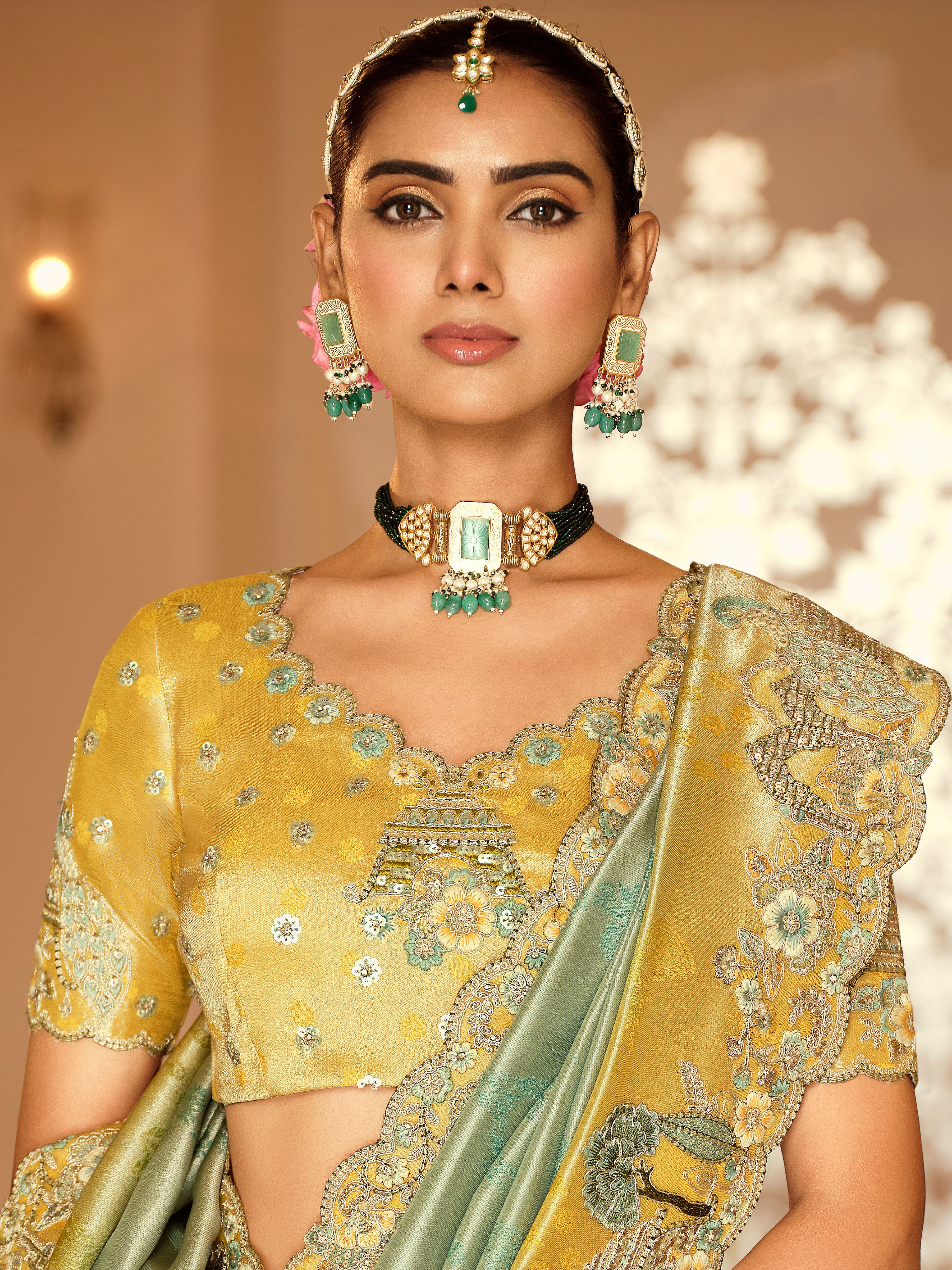 Sea Green Saree With Zari weaving With Heavy Thread Embroidery With khatli work