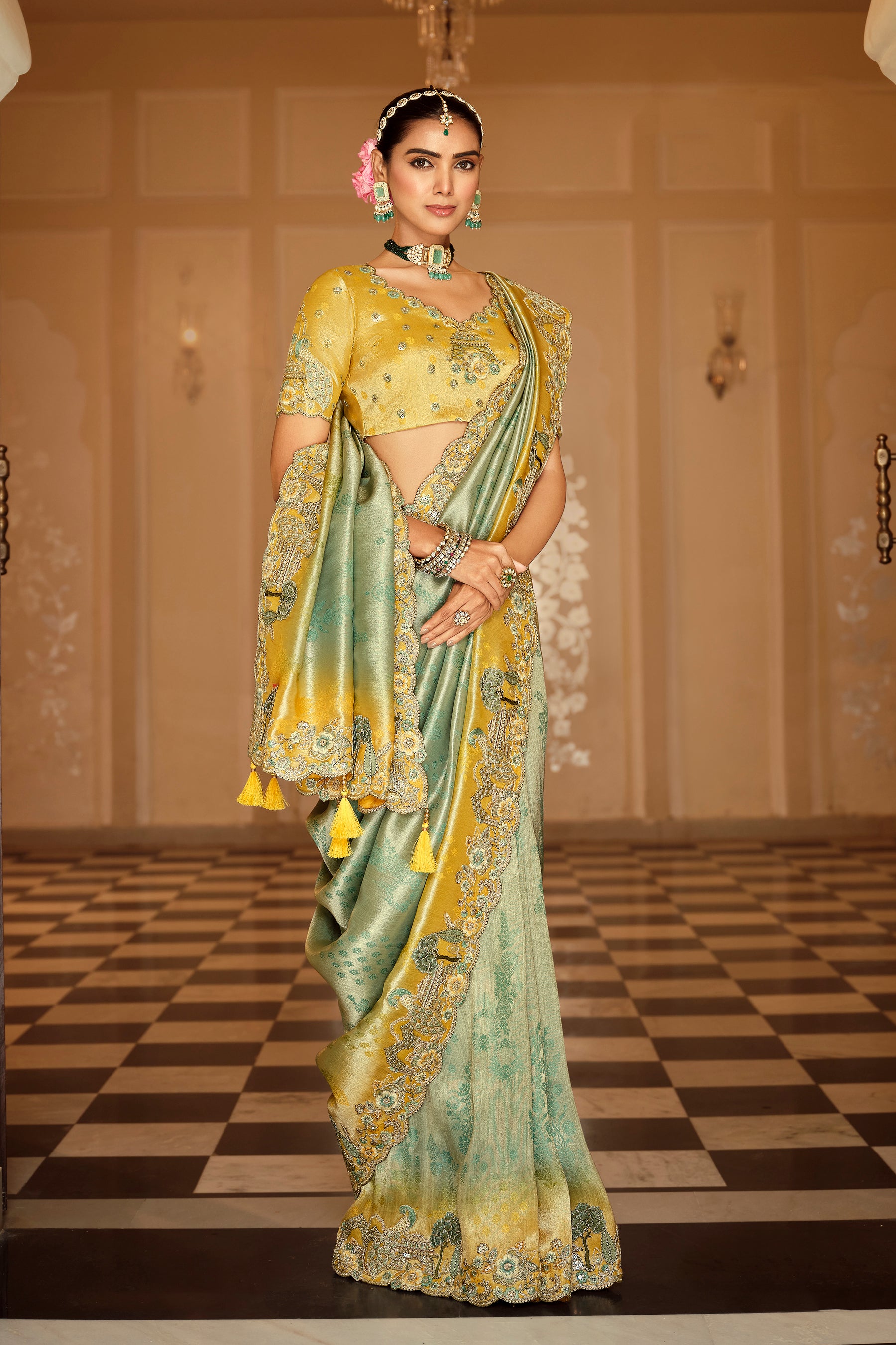 Sea Green Saree With Zari weaving With Heavy Thread Embroidery With khatli work