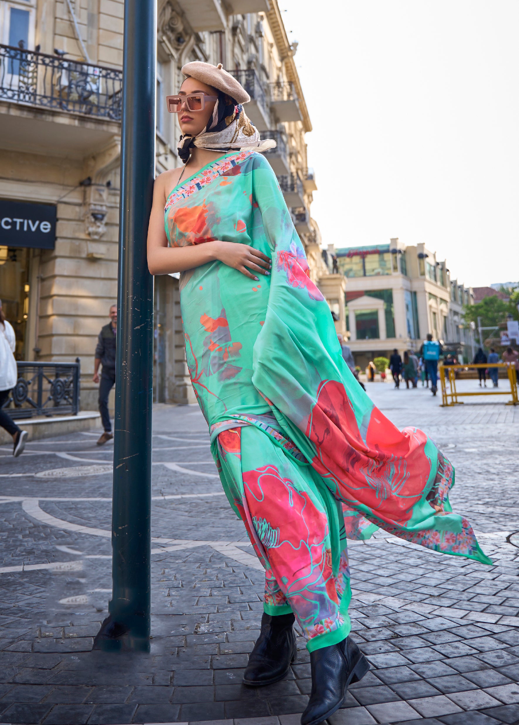 Sea Green Silk Crepe Saree With Digital Printed Work