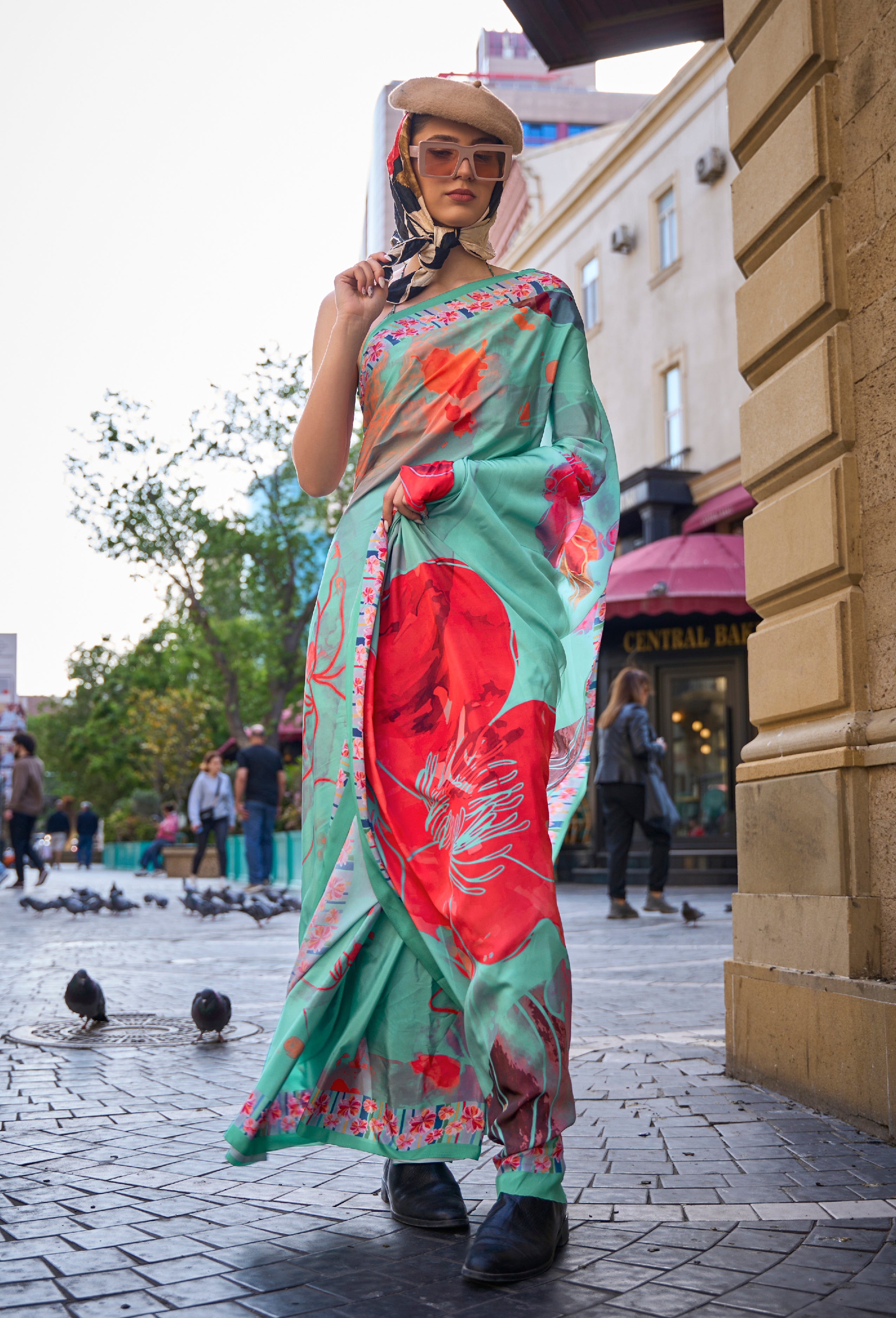 Sea Green Silk Crepe Saree With Digital Printed Work