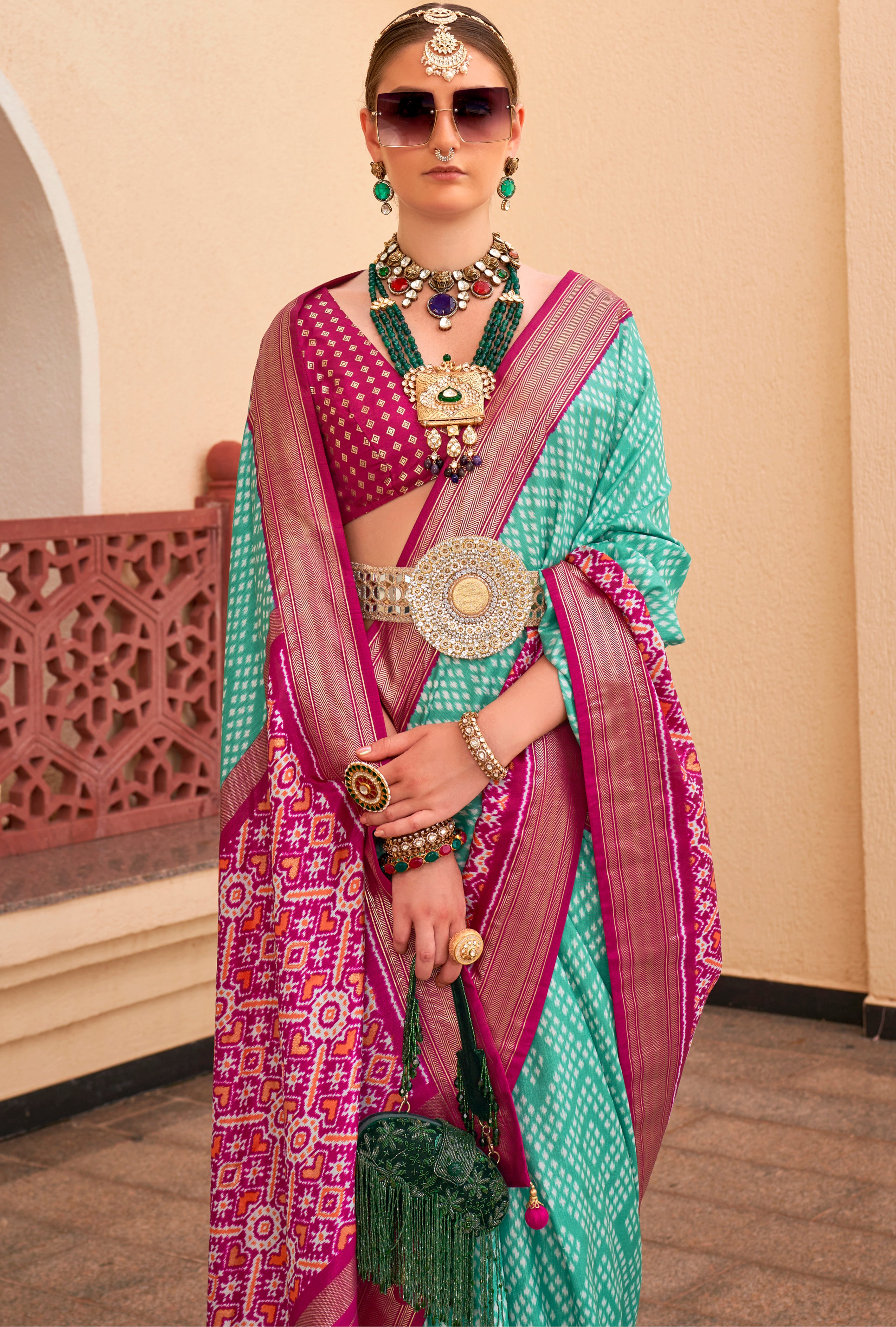 Sea Green Silk Saree With Digital Patola Print