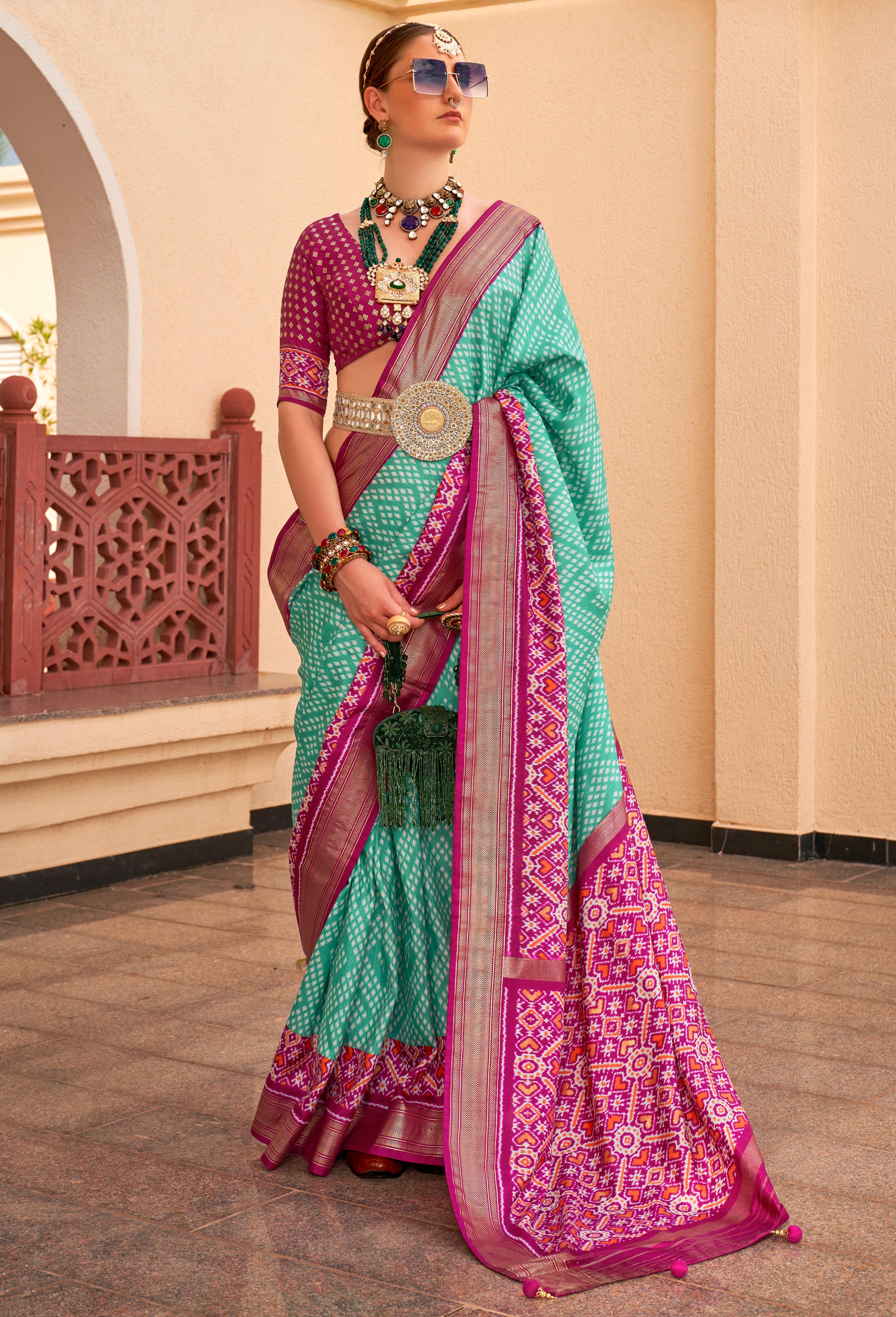 Sea Green Silk Saree With Digital Patola Print