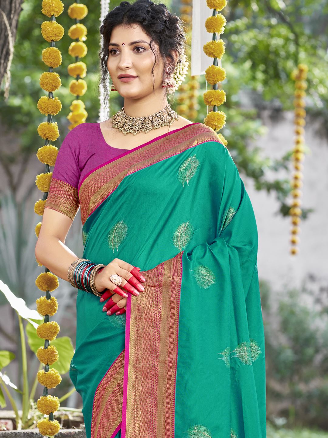 Sea Green Silk Saree With Woven Work