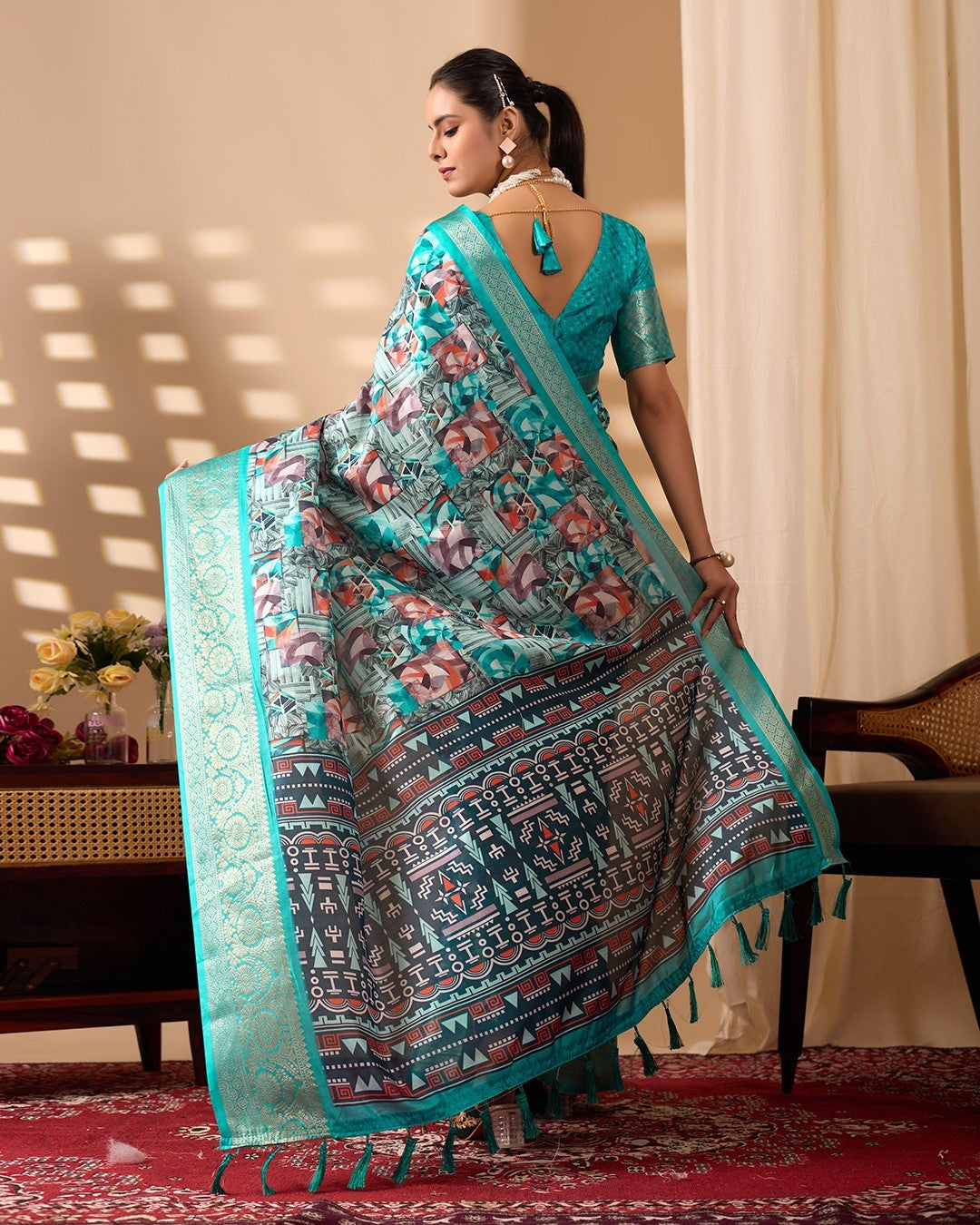 Sea Green Soft Lichi Silk Saree With Digital Printed Premium Festive Saree