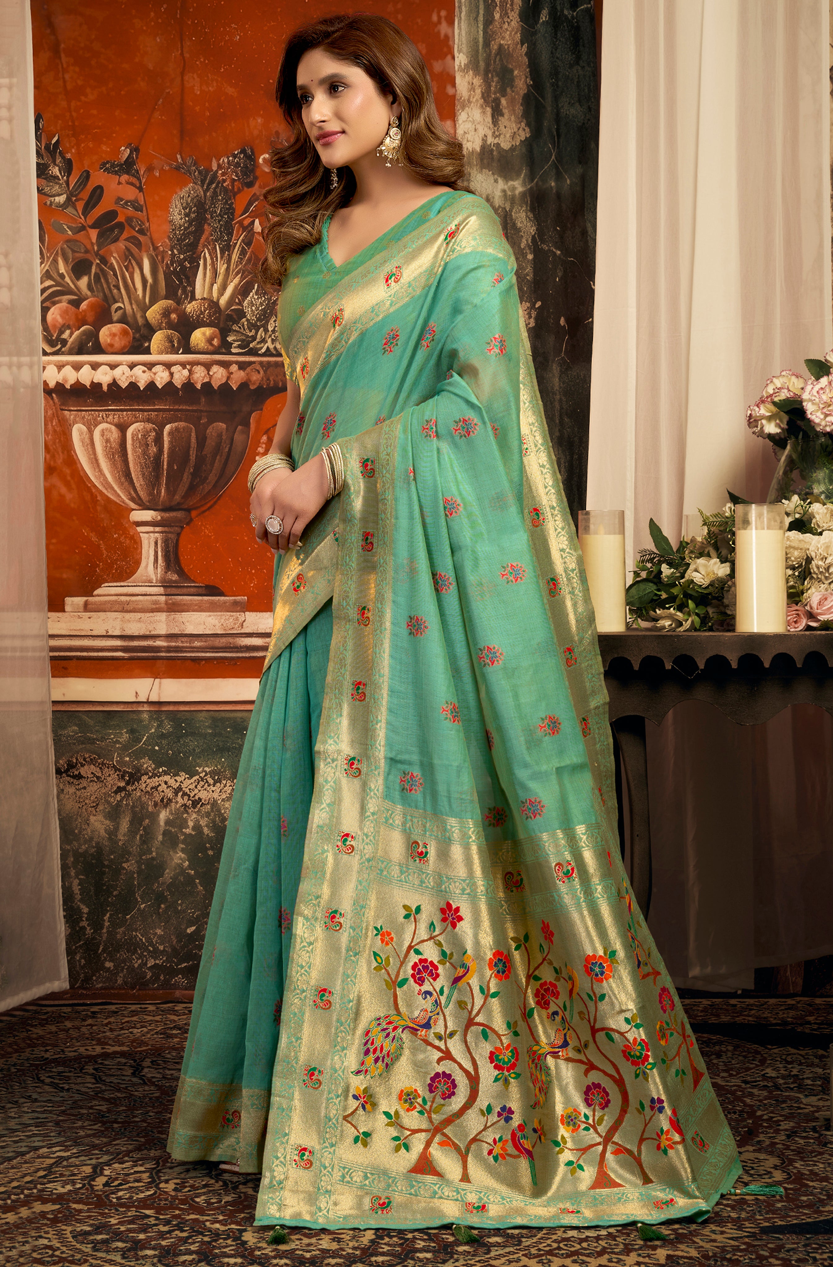 Sea Green Super Kota Saree with Rich Paithani Weaving
