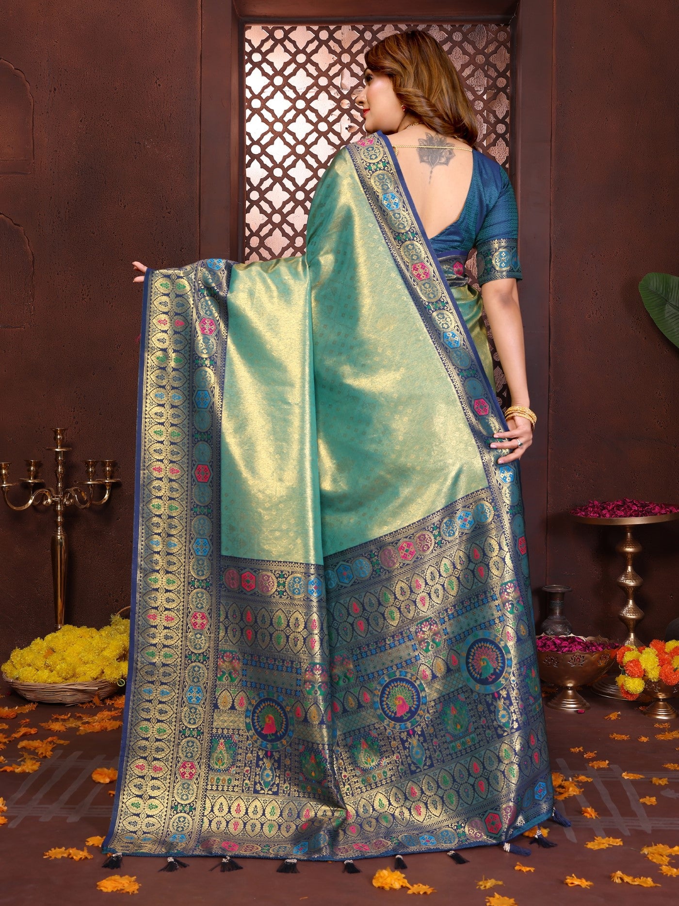 Sea Green Tissue Silk Saree With Classic Weaving