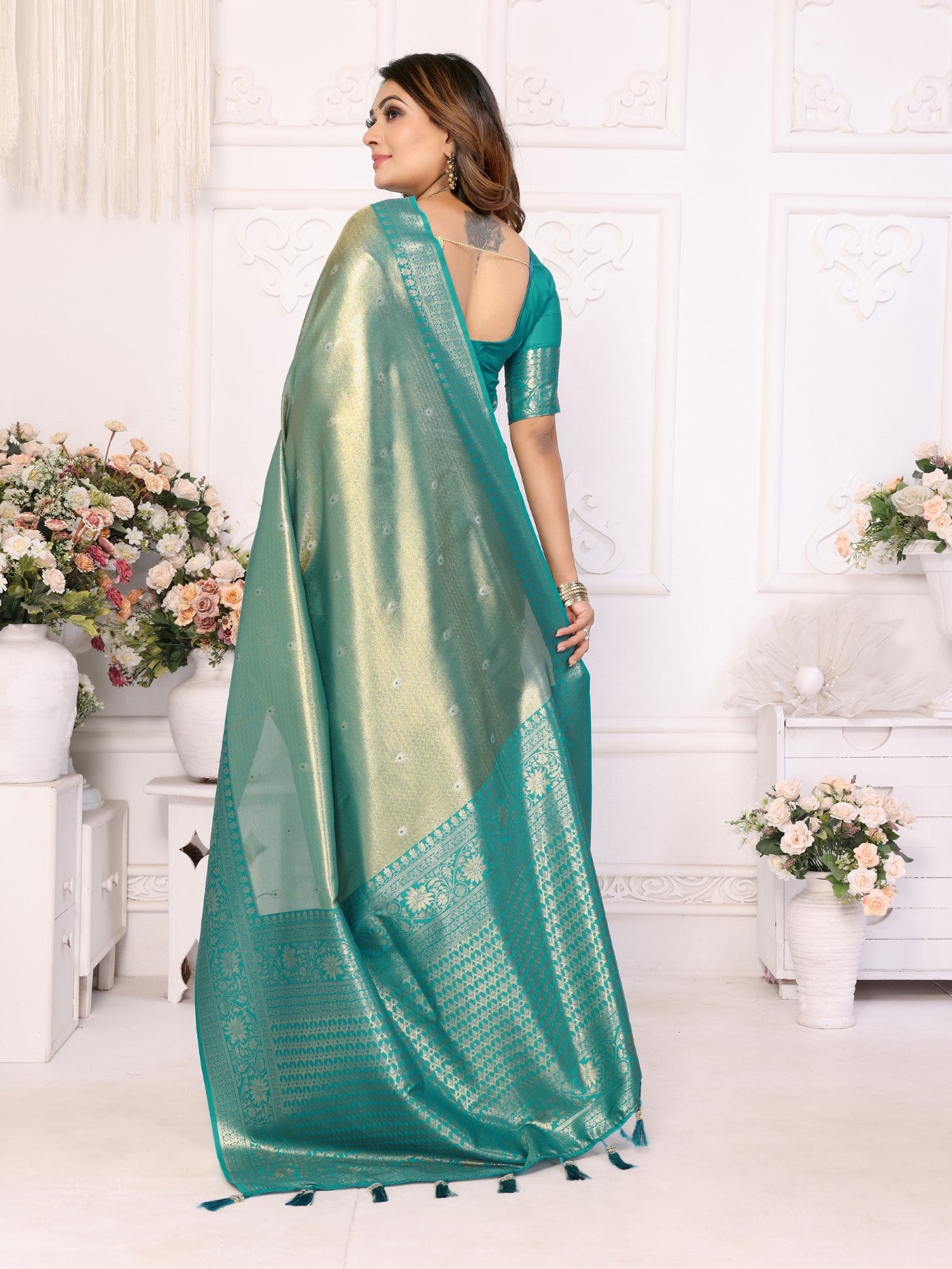 Sea Green Tissue Silk Saree With Classic Weaving