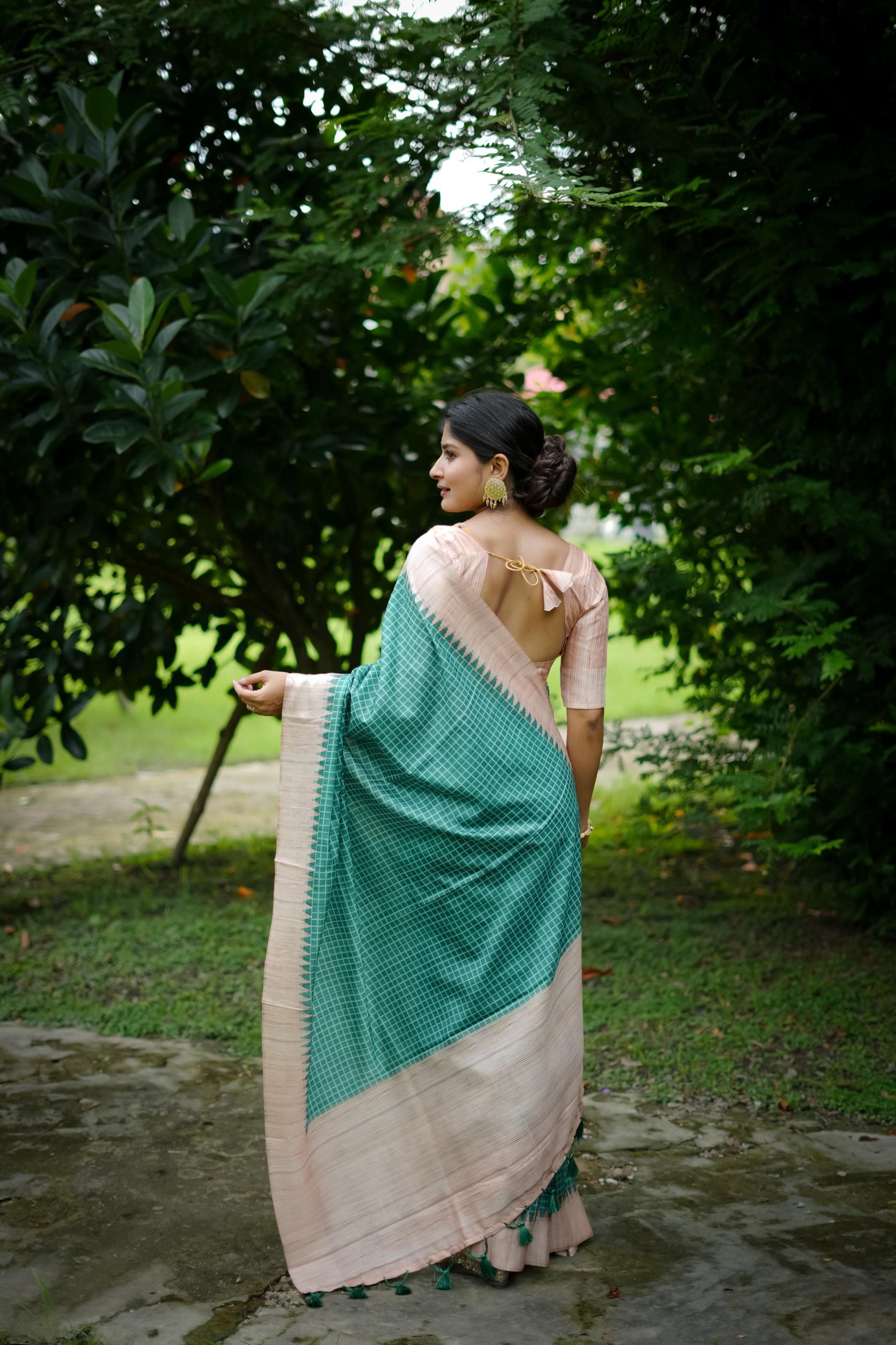 Sea Green Woven Kantha Designer Tussar Silk Saree With Printed Design