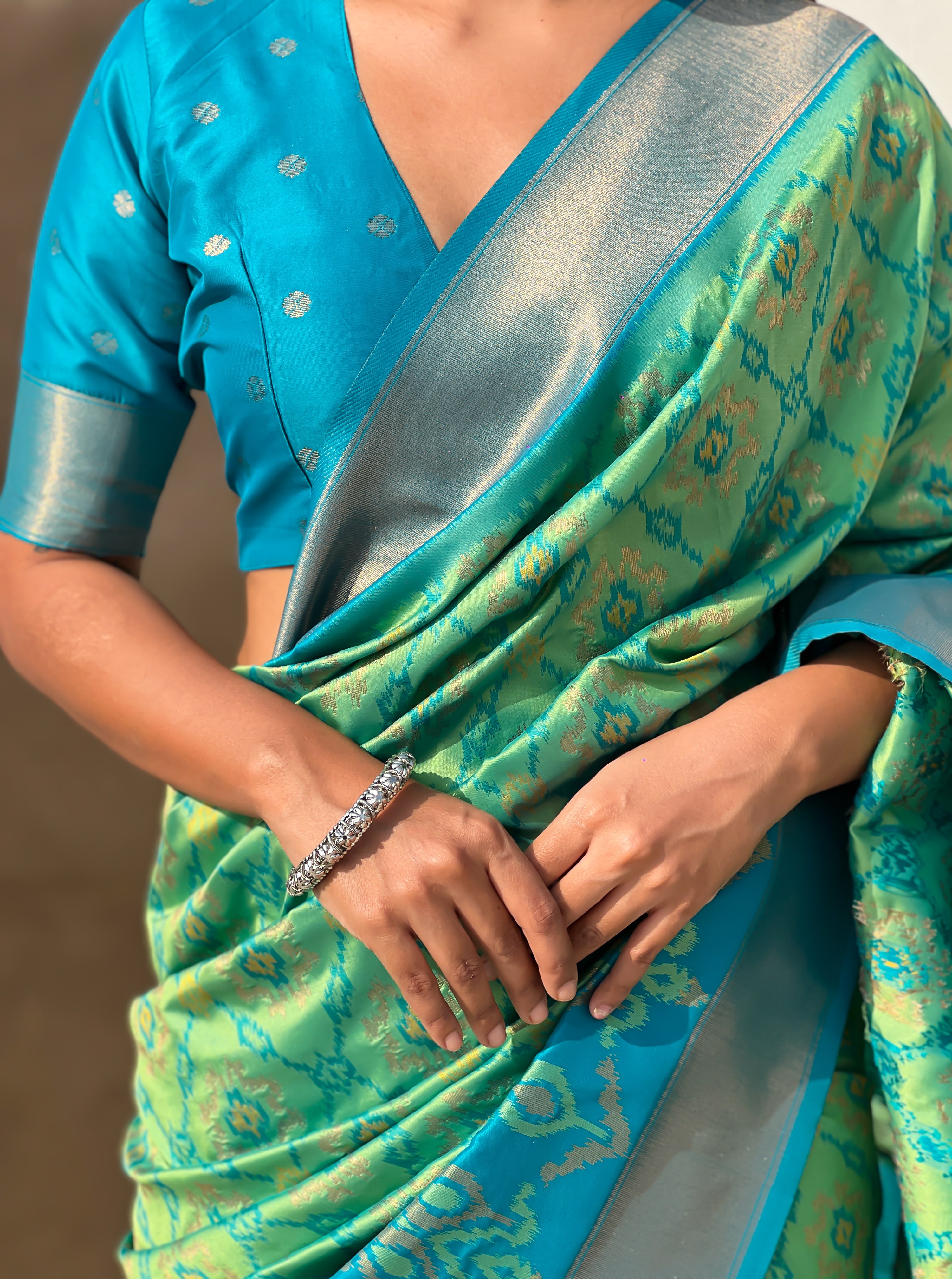 Sea Green Woven Meenakari Ikkat Designer Patola Silk Ceremonial Saree