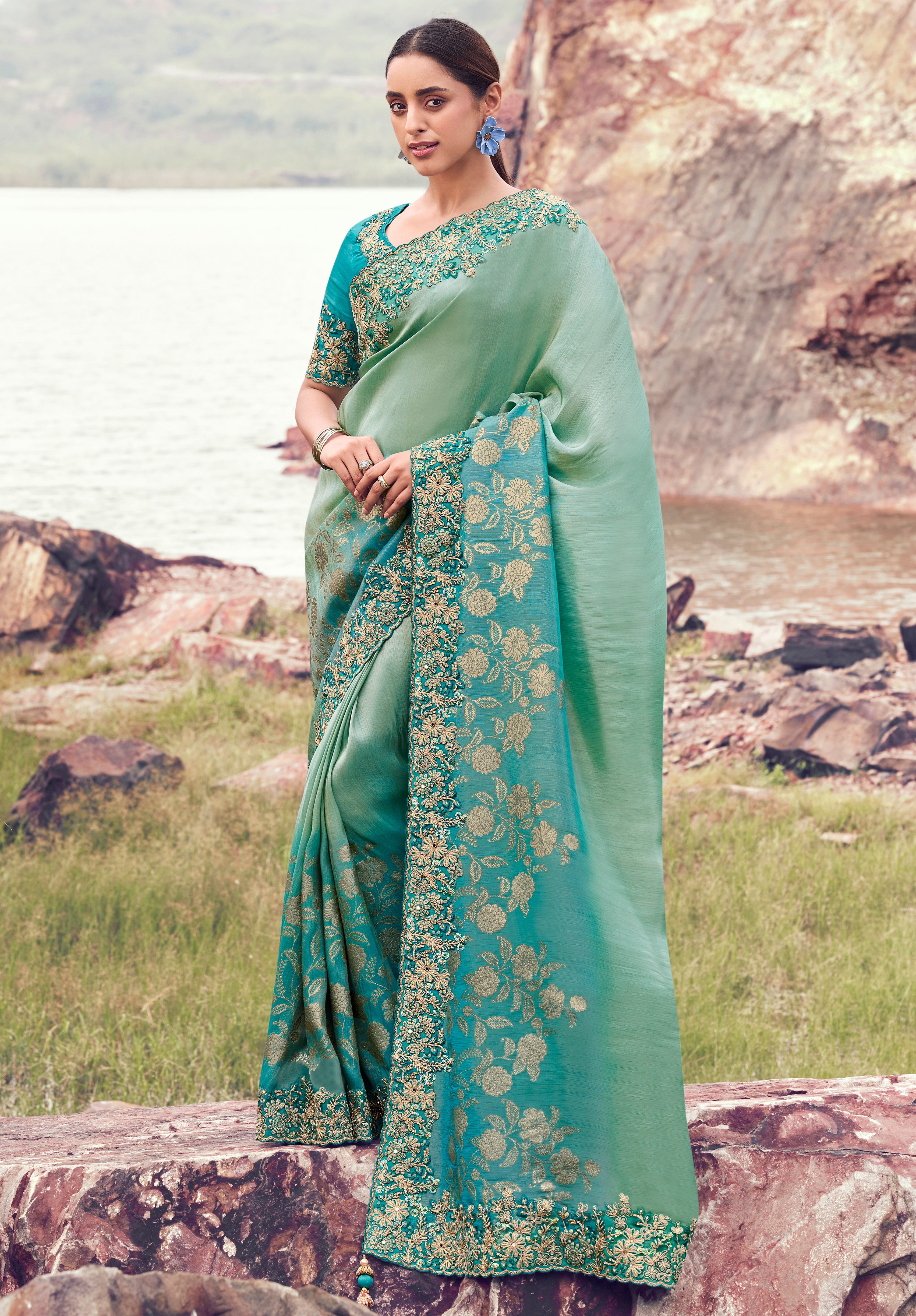 Sea Green & Sky Blue Saree With Jacquard Woven With Embroidered Border & Blouse