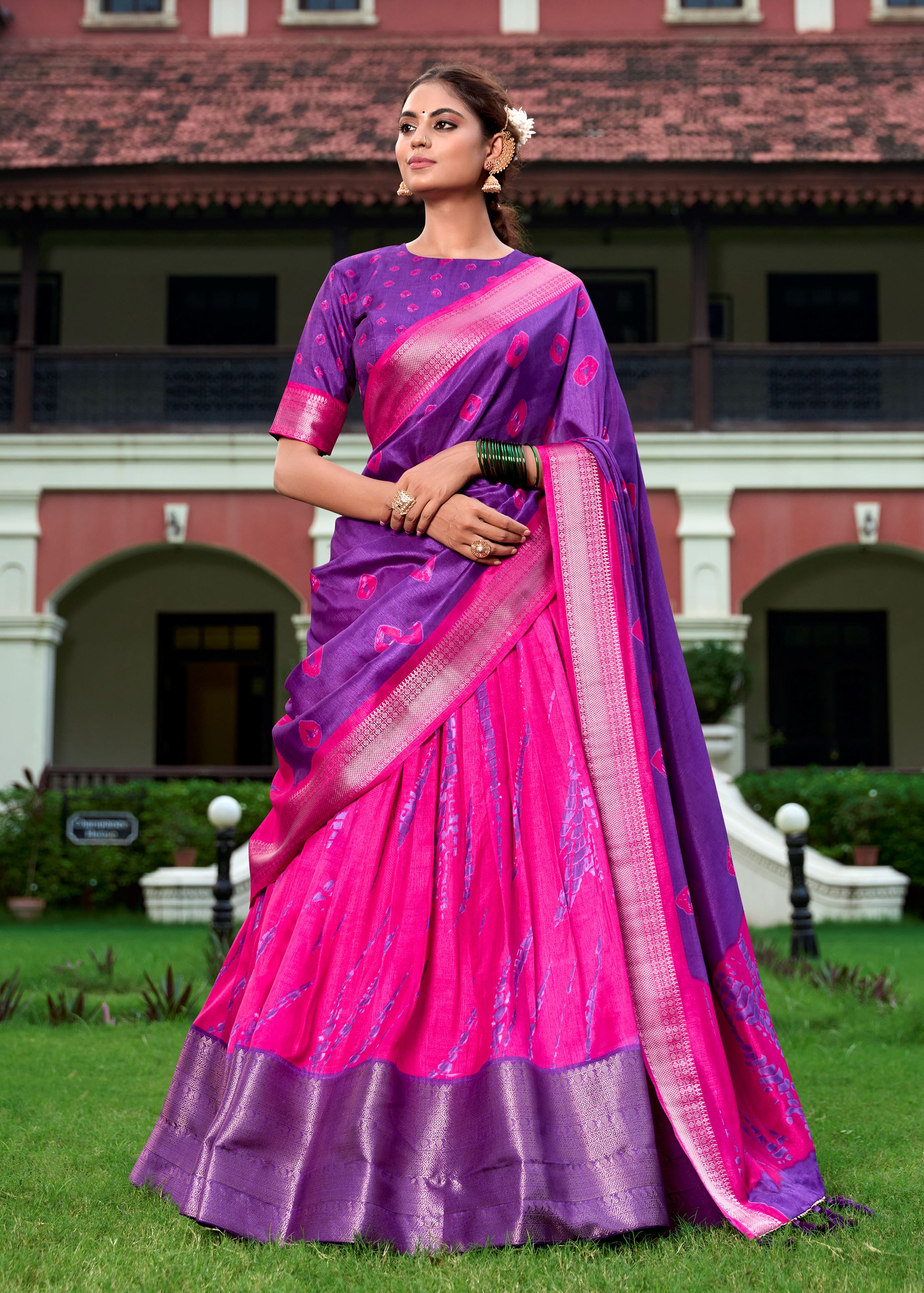 Shibori Elegance in Silk Pink Dola Lehenga with Rich Zari Weaving Border