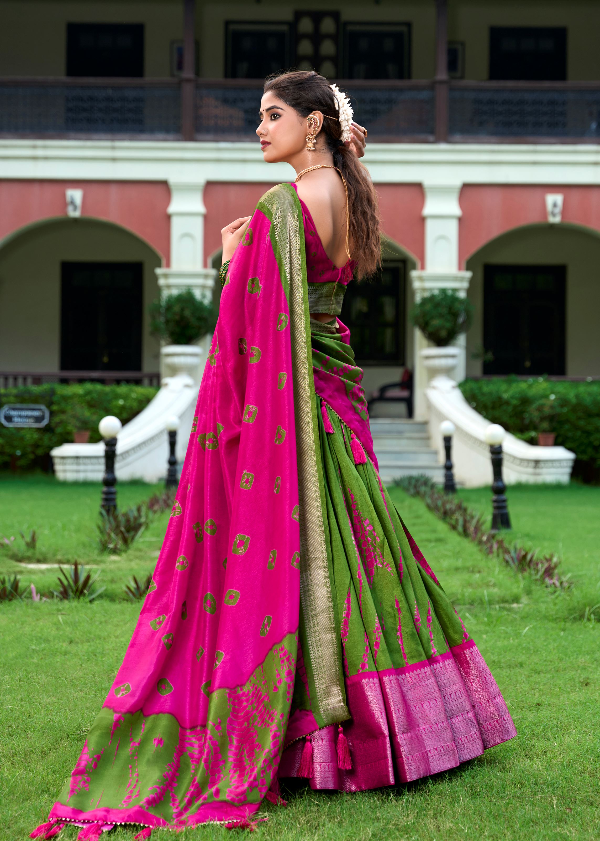 Shibori Elegance in Silk Pink Dola Lehenga with Rich Zari Weaving Border