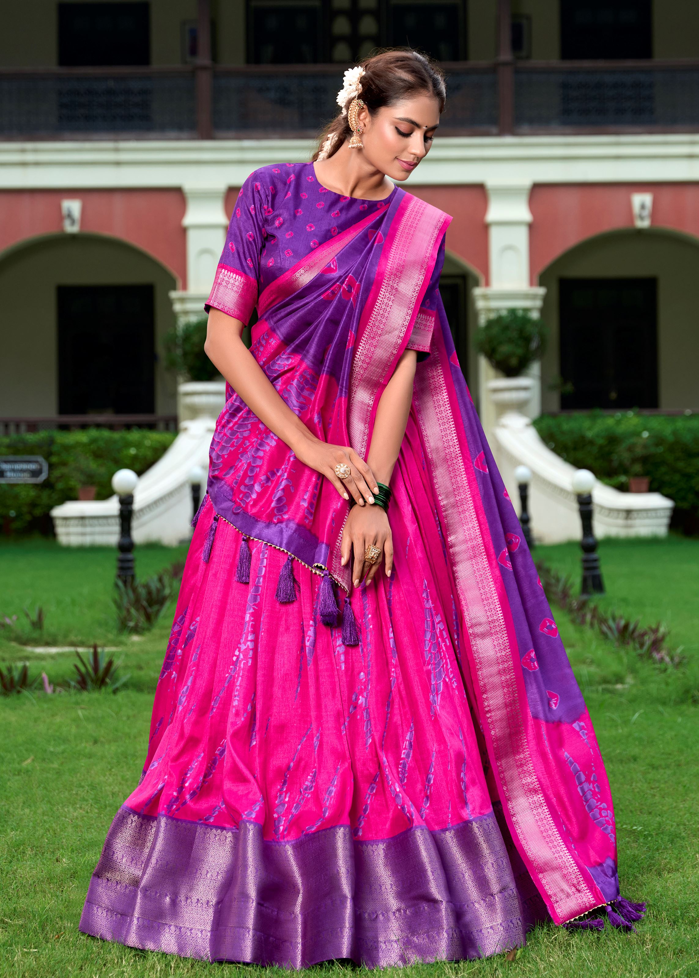 Shibori Elegance in Silk Pink Dola Lehenga with Rich Zari Weaving Border