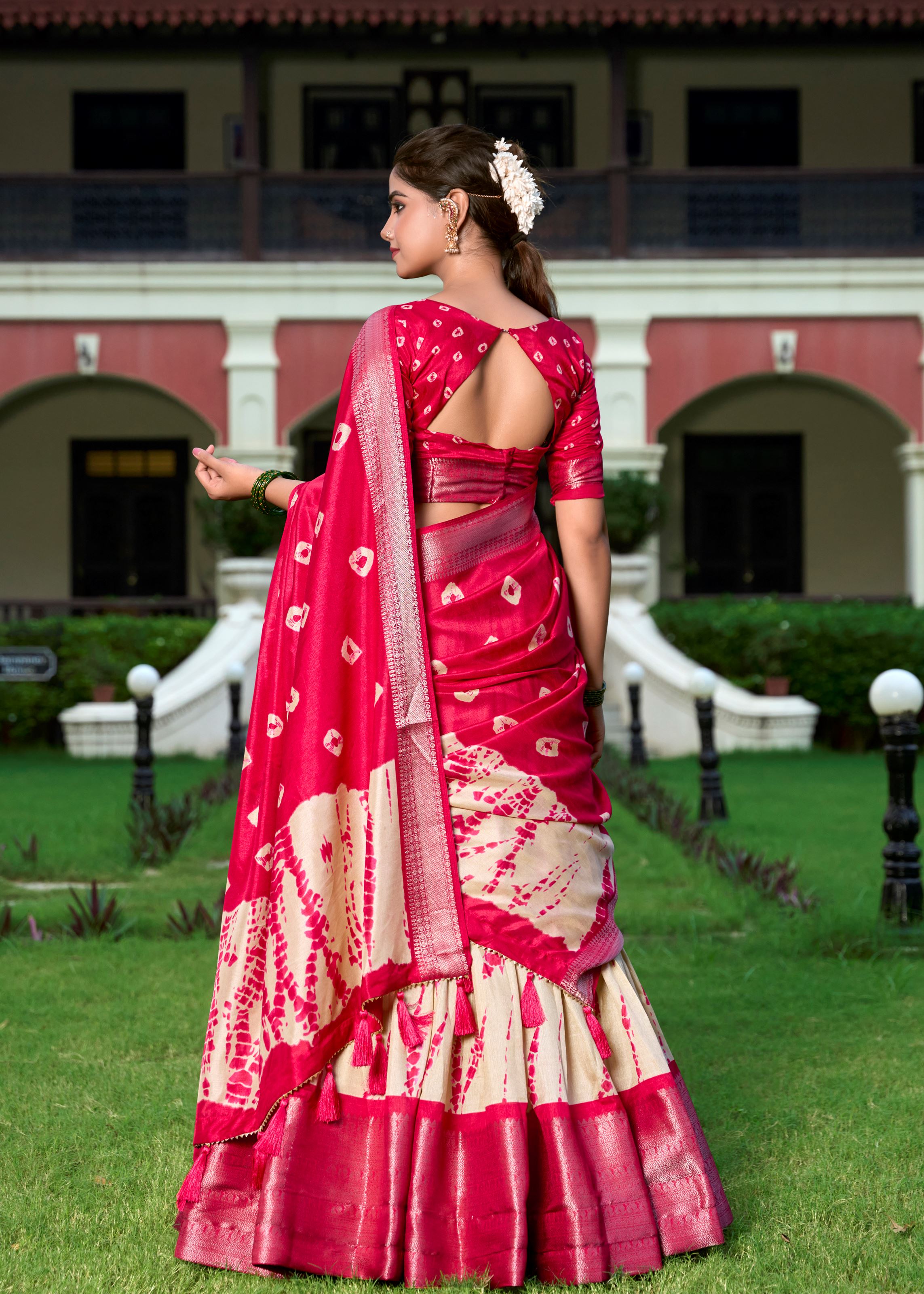 Shibori Elegance in Silk Red Dola Lehenga with Rich Zari Weaving Border