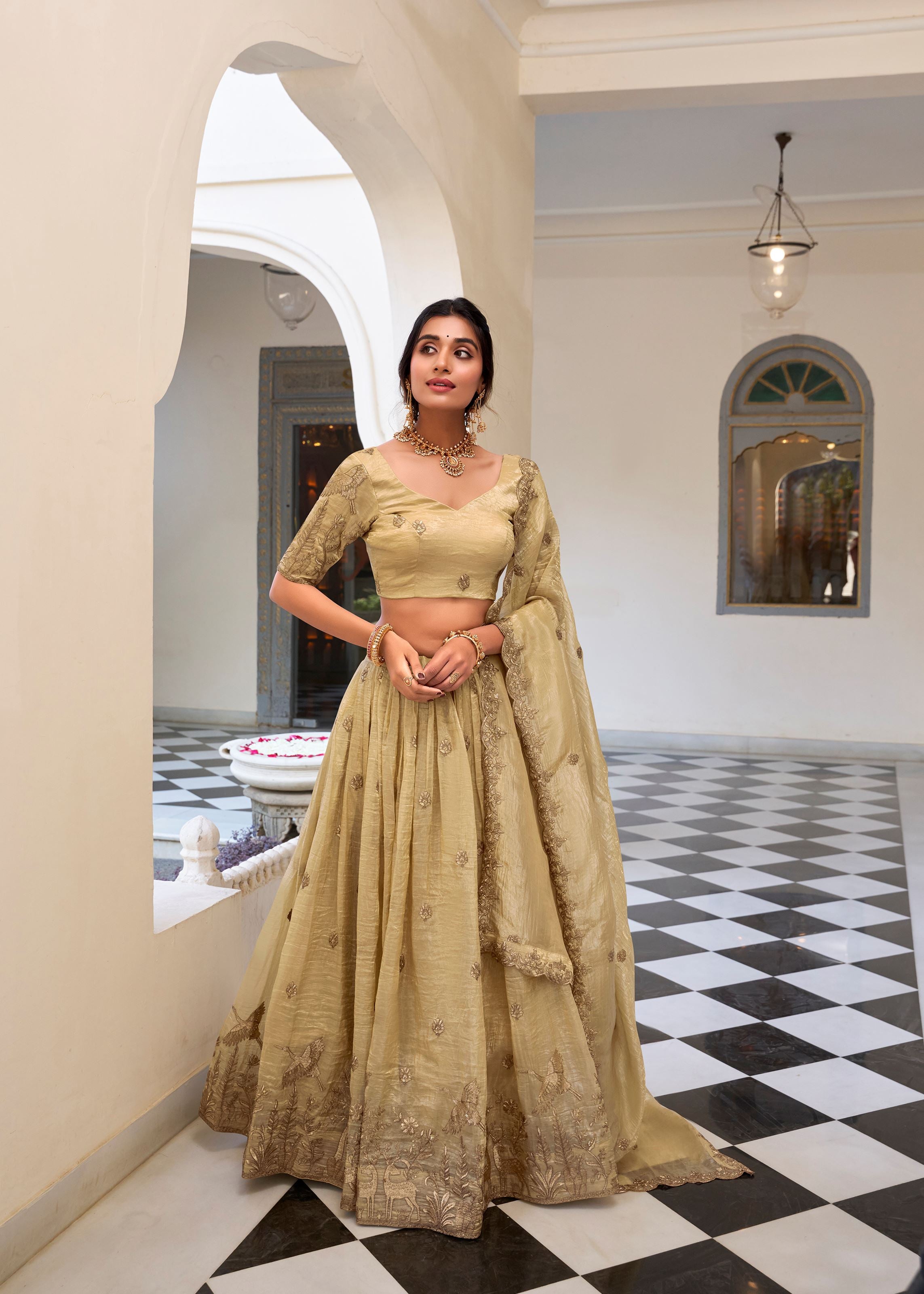 Shine Bold in Off White Gold Crush Lehenga with Sequin & Thread Detailing