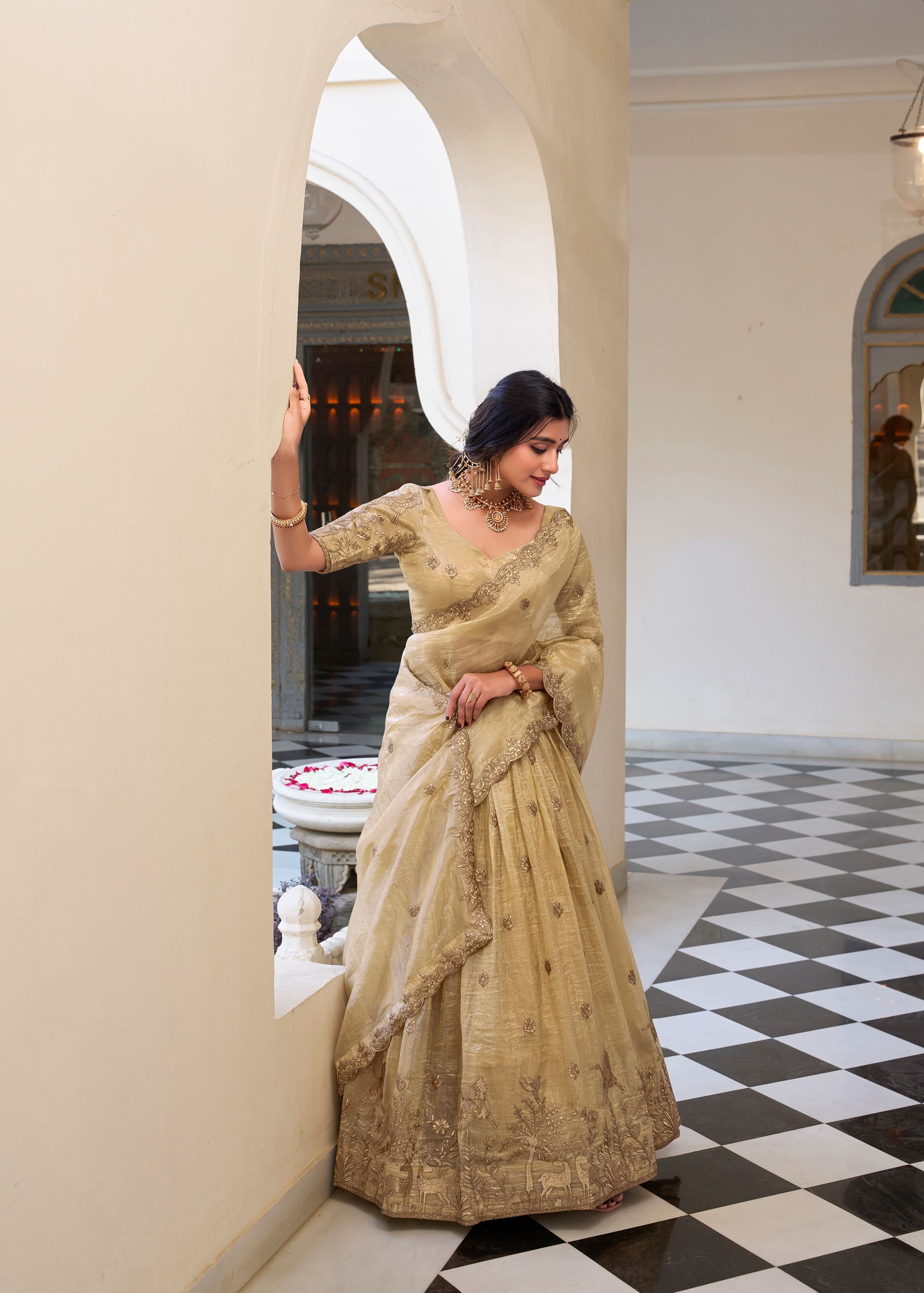 Shine Bold in Off White Gold Crush Lehenga with Sequin & Thread Detailing