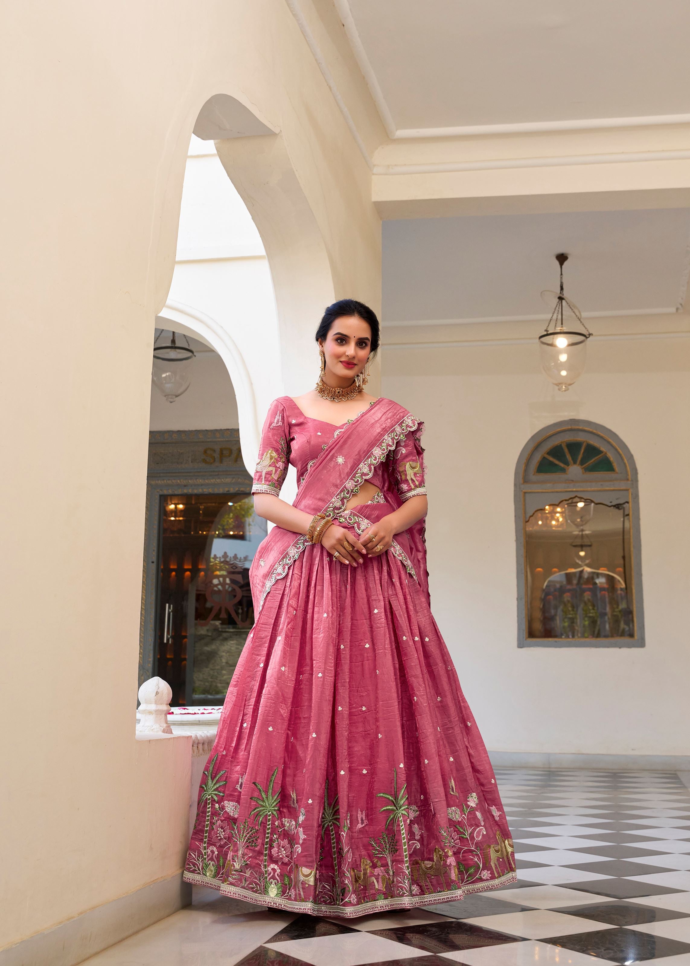Shine Bold in Pink Gold Crush Lehenga with Sequin & Thread Detailing