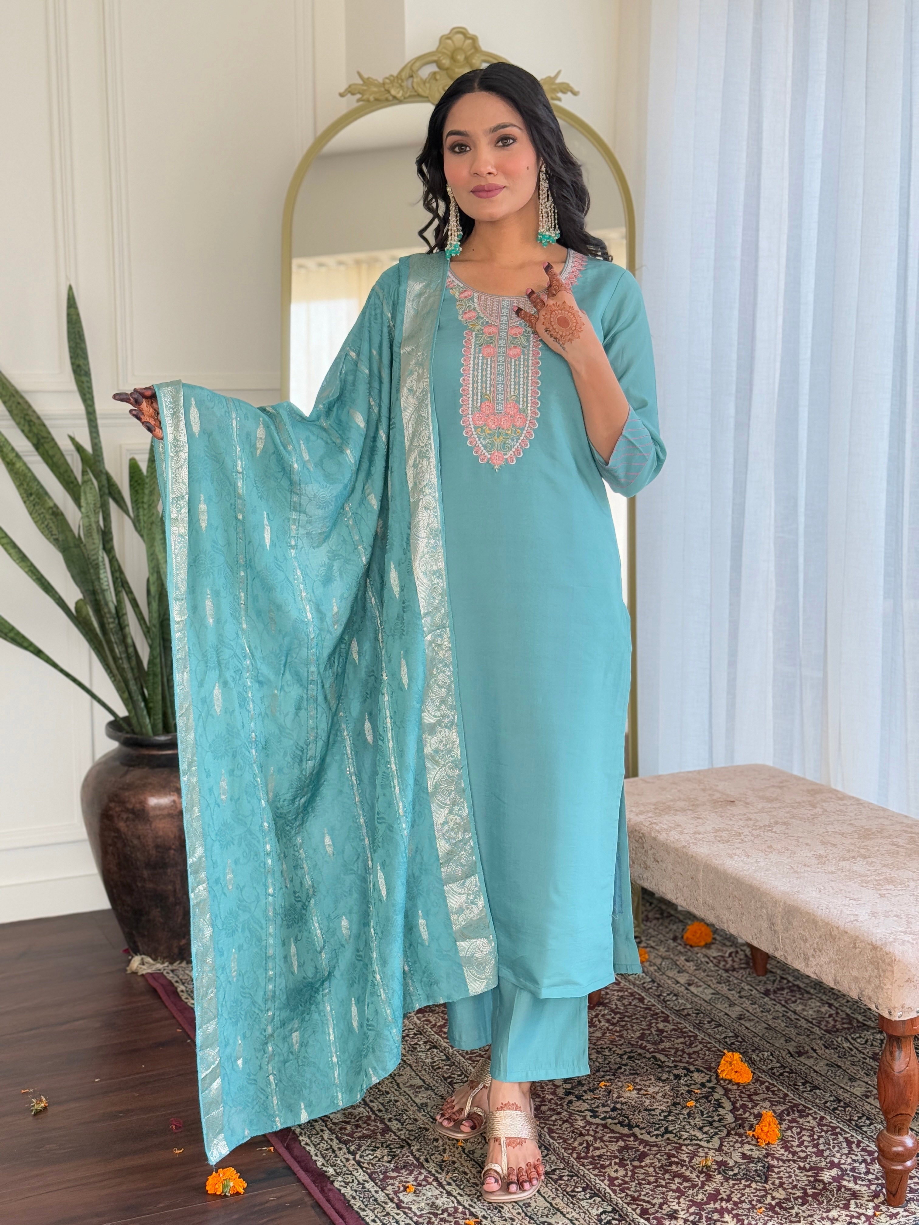 Sky Blue Chanderi Elegant Kurta Pant Set With Thread Work