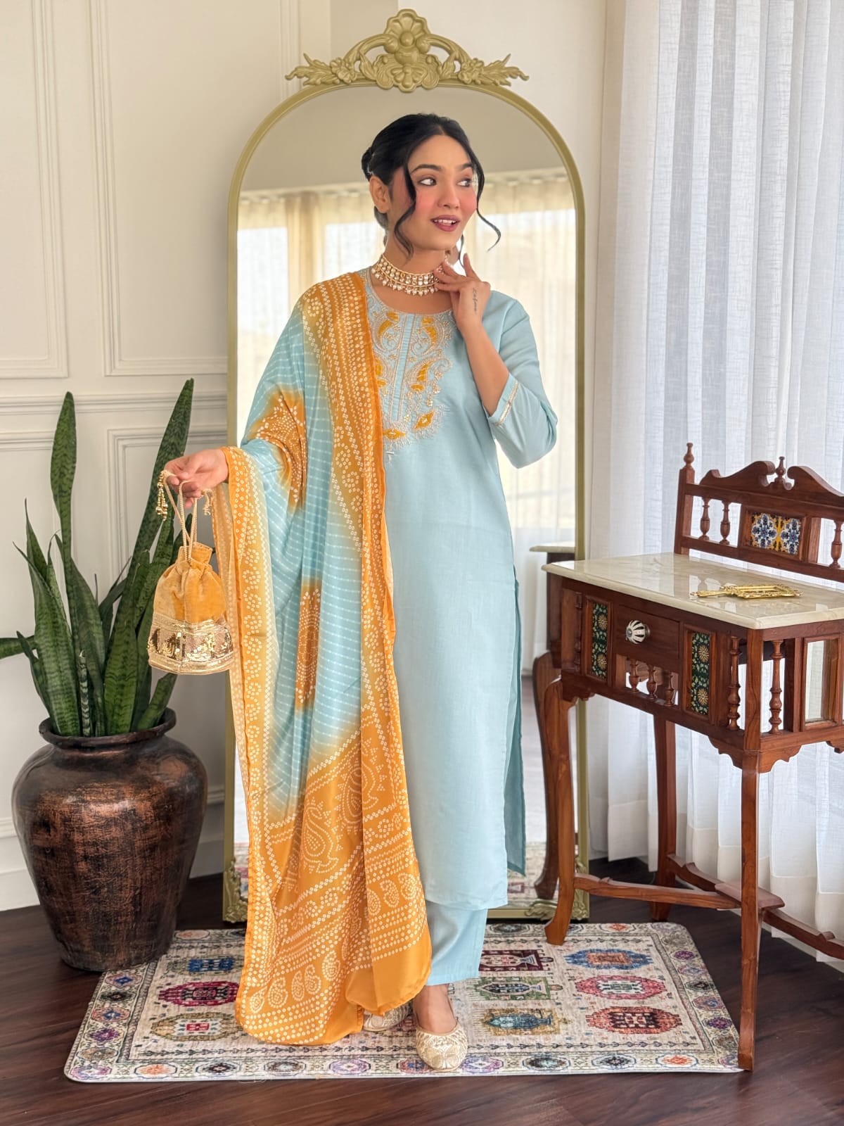 Sky Blue Chanderi Silk Kurta Pant Set With Heavy Thread Embroidery Work With Printed Dupatta