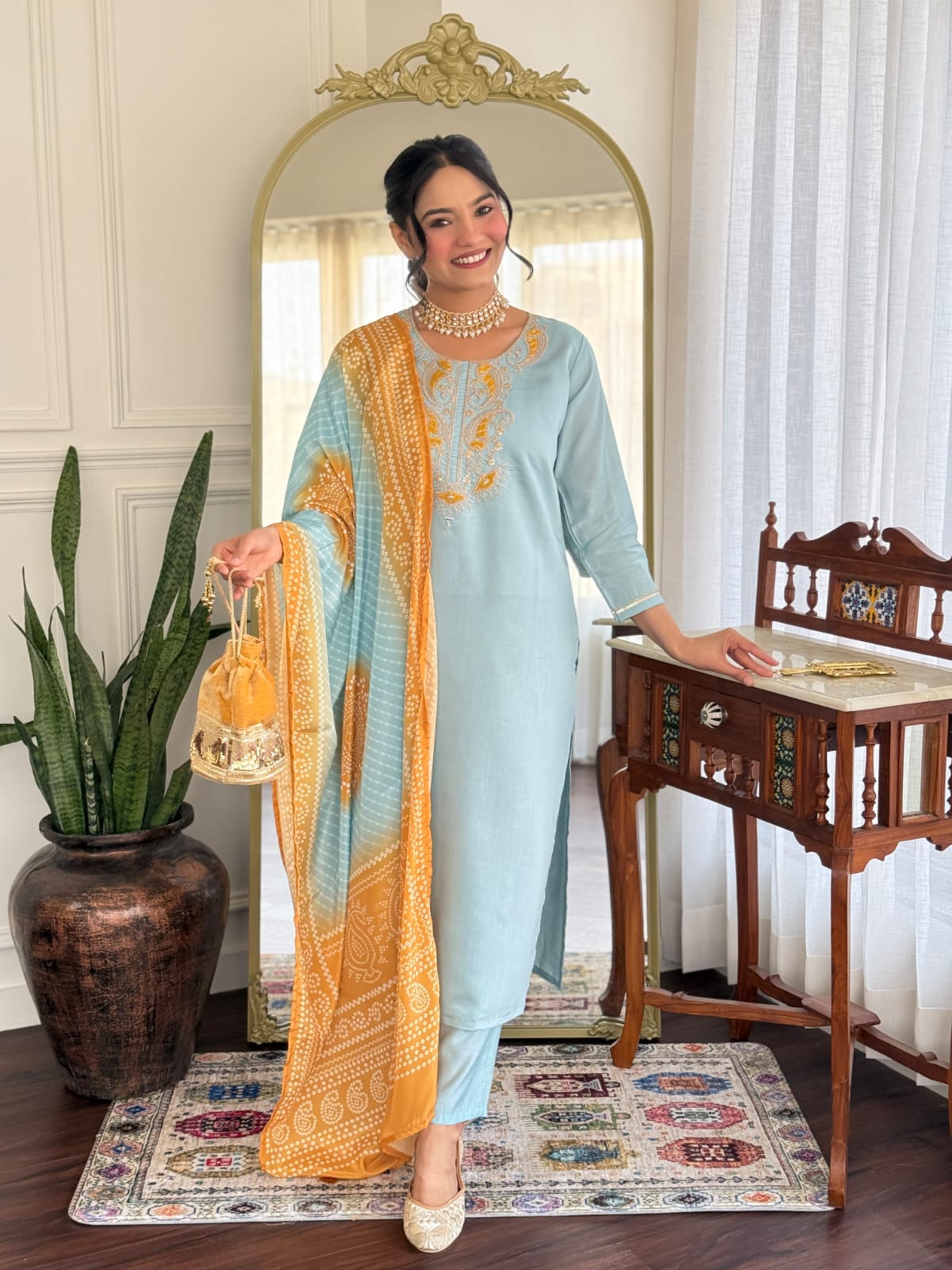 Sky Blue Chanderi Silk Kurta Pant Set With Heavy Thread Embroidery Work With Printed Dupatta
