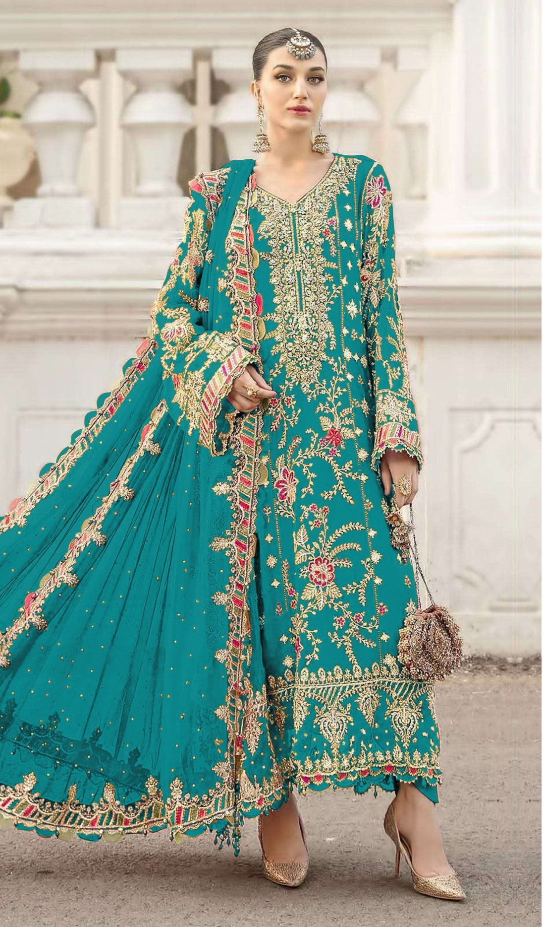 Sky Blue Chiffon Designer Suit Set With Delicate Embroidery