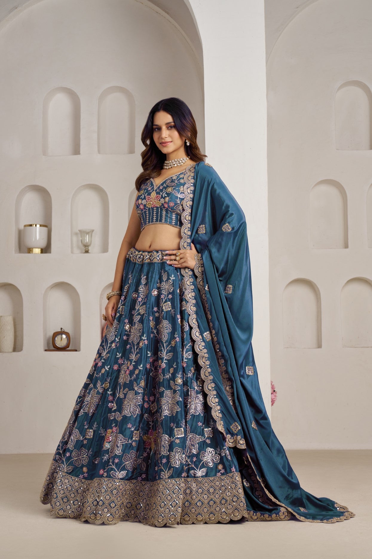 Sky Blue Crepe Silk Floral Embroidered Designer Lehenga Choli