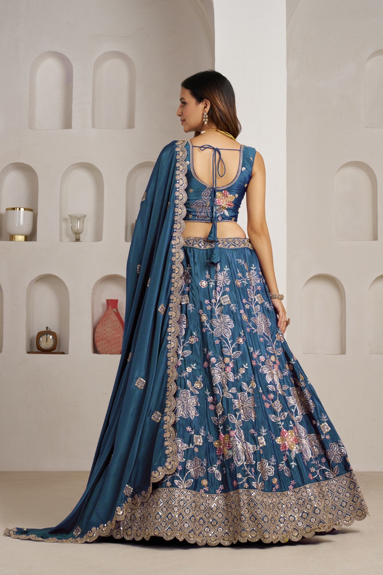 Sky Blue Crepe Silk Floral Embroidered Designer Lehenga Choli