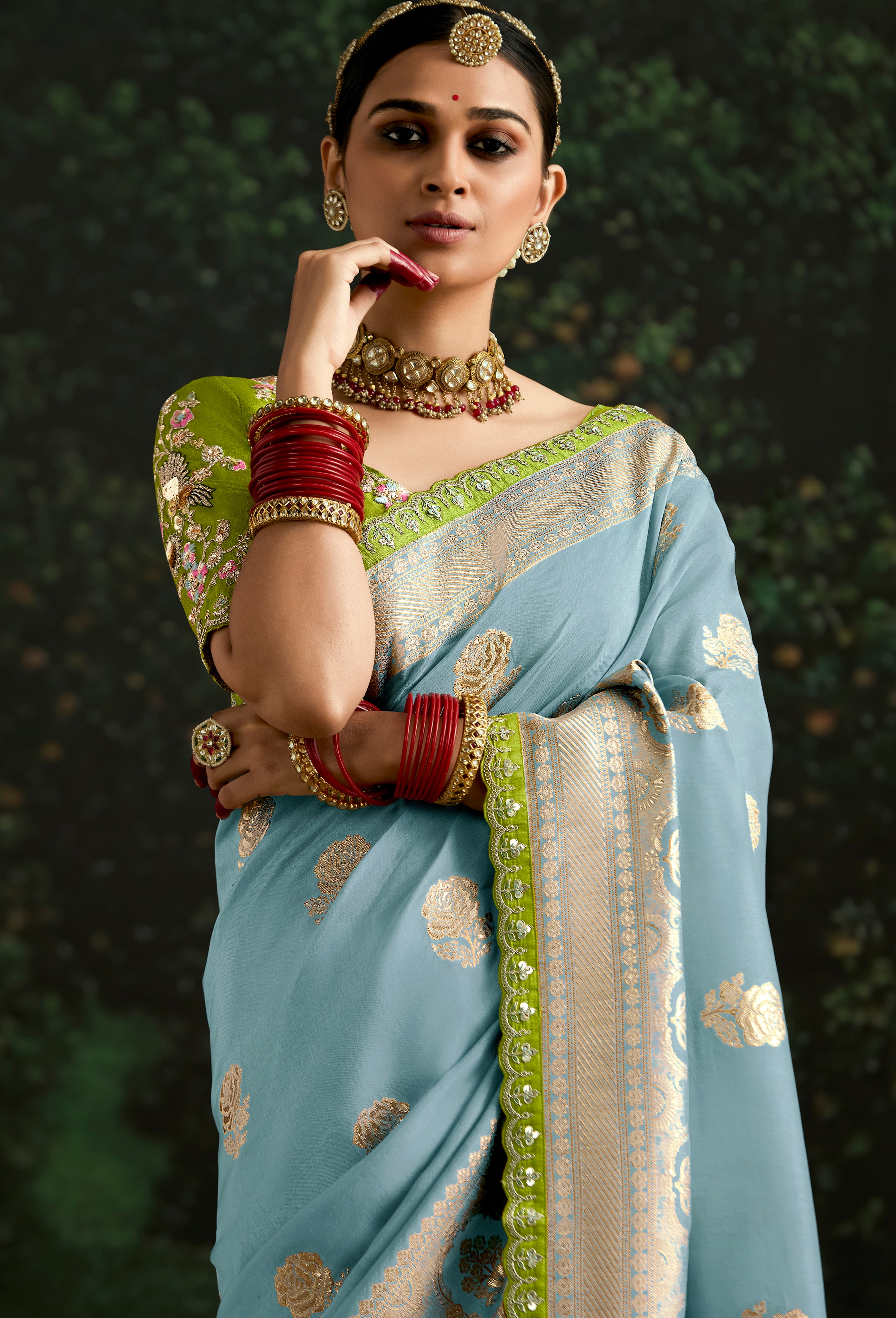 Sky Blue Dola Silk Saree With Jacquard Woven with Embroidered Lace Border