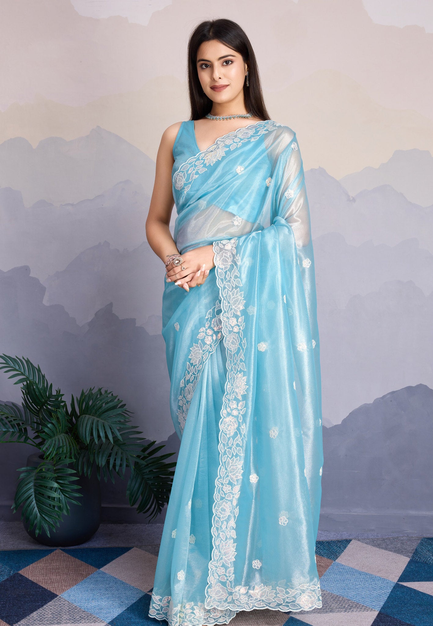 Sky Blue Fancy Saree with Heavy Embroidery & Sequins Detailing