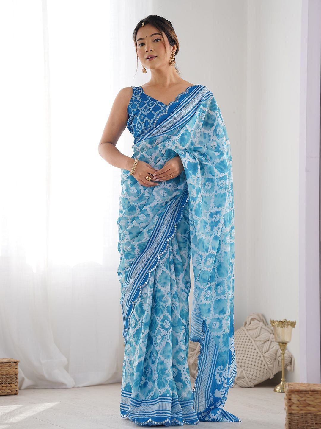 Sky Blue Georgette Saree With Digital Print And Mirror Work