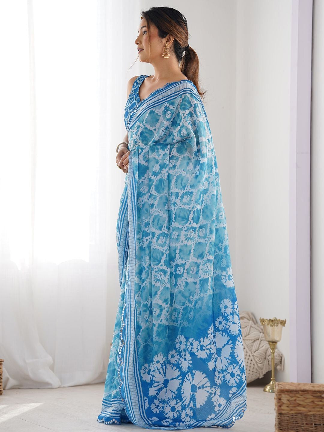 Sky Blue Georgette Saree With Digital Print And Mirror Work