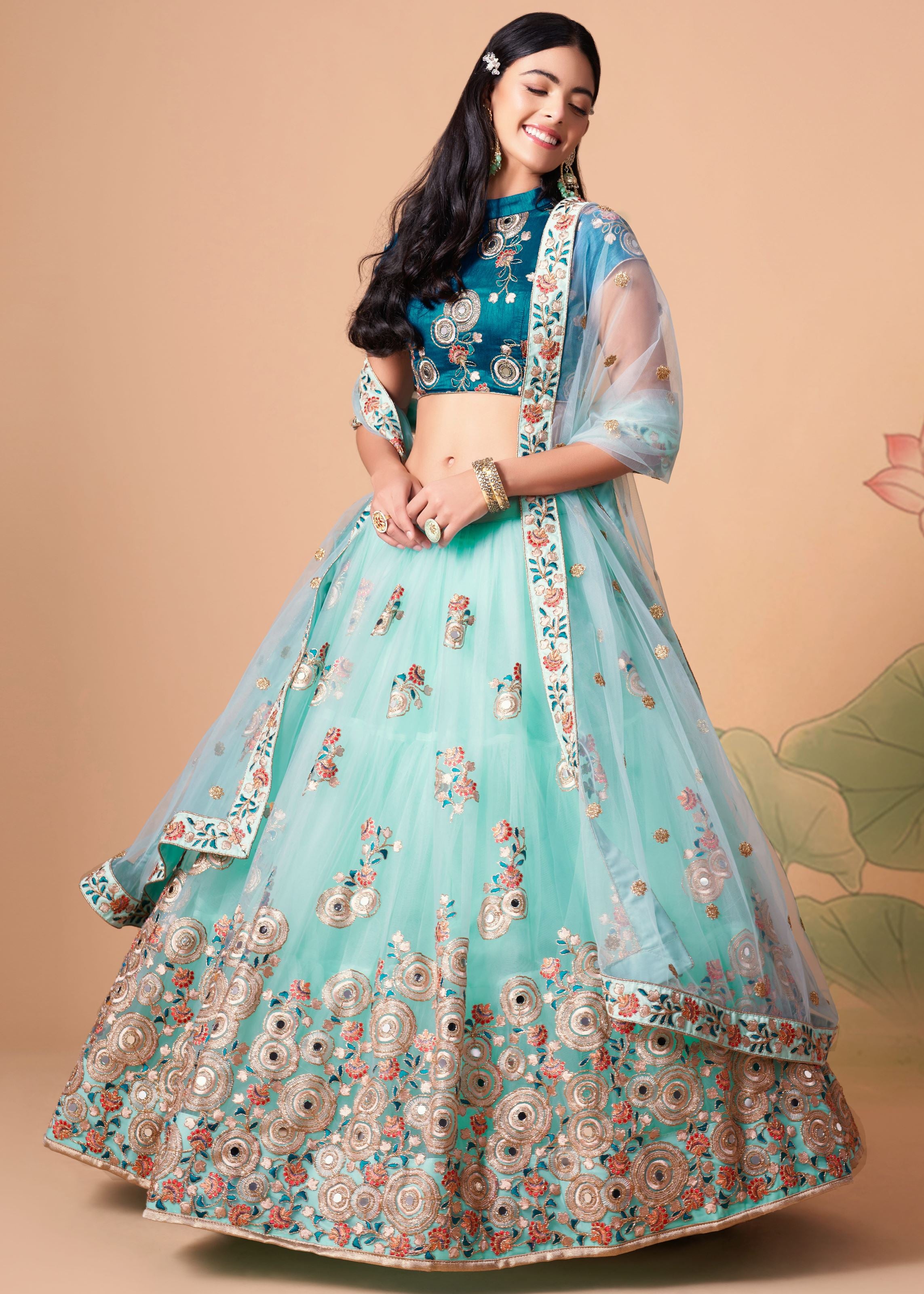 Sky Blue Lehenga Choli With Thread, Zari, Dori And Sequins Embroidery With Mirror Work