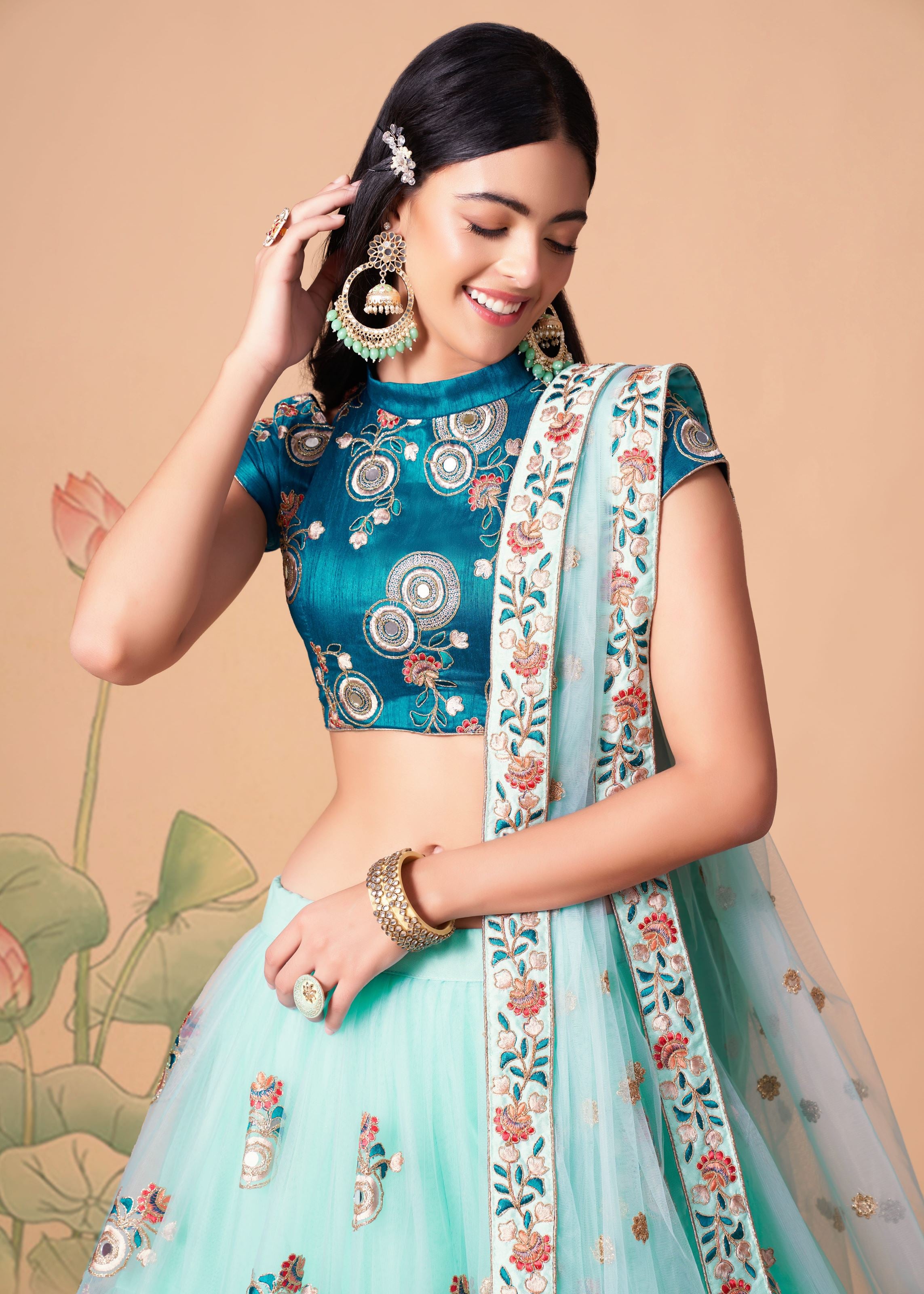 Sky Blue Lehenga Choli With Thread, Zari, Dori And Sequins Embroidery With Mirror Work
