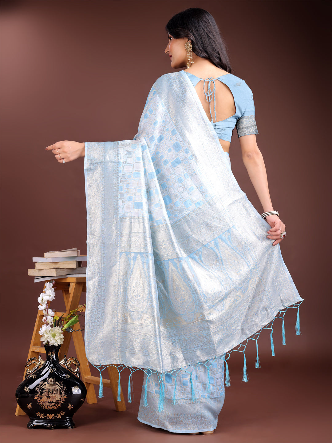 Sky Blue Linen Cotton Woven Jacquard Designer Ehtnic Partywear Girlie Looks Saree