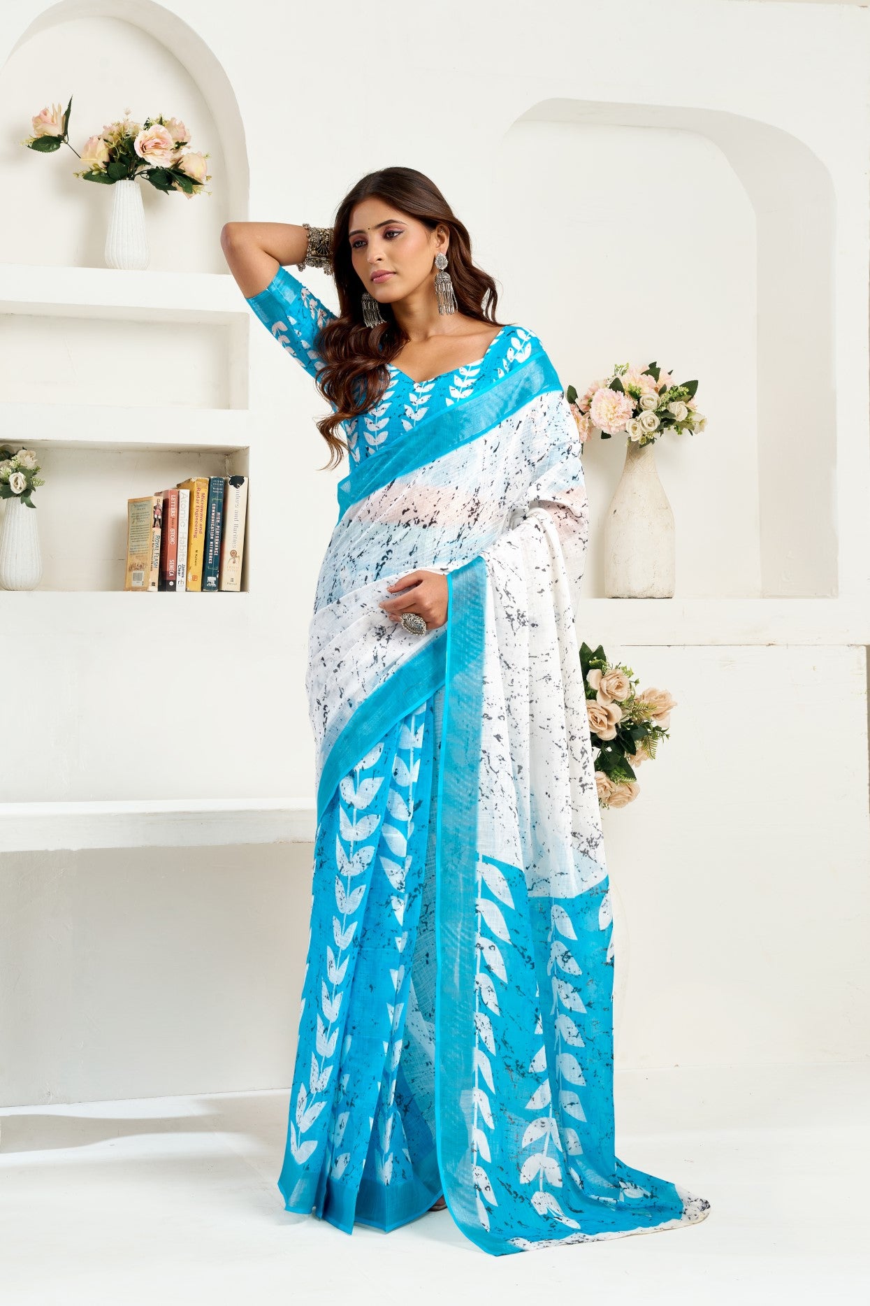 Sky Blue Linen Ready To Wear Saree With Zari Border Printed