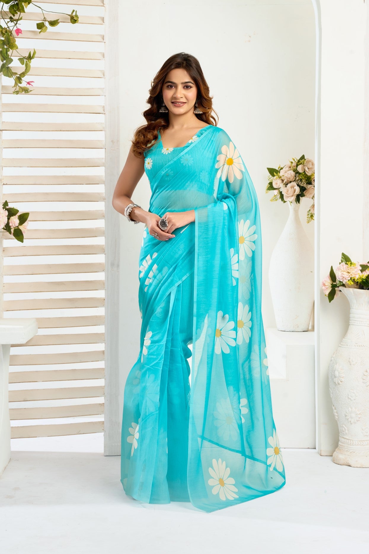 Sky Blue Linen Ready To Wear Saree With Zari Border Printed