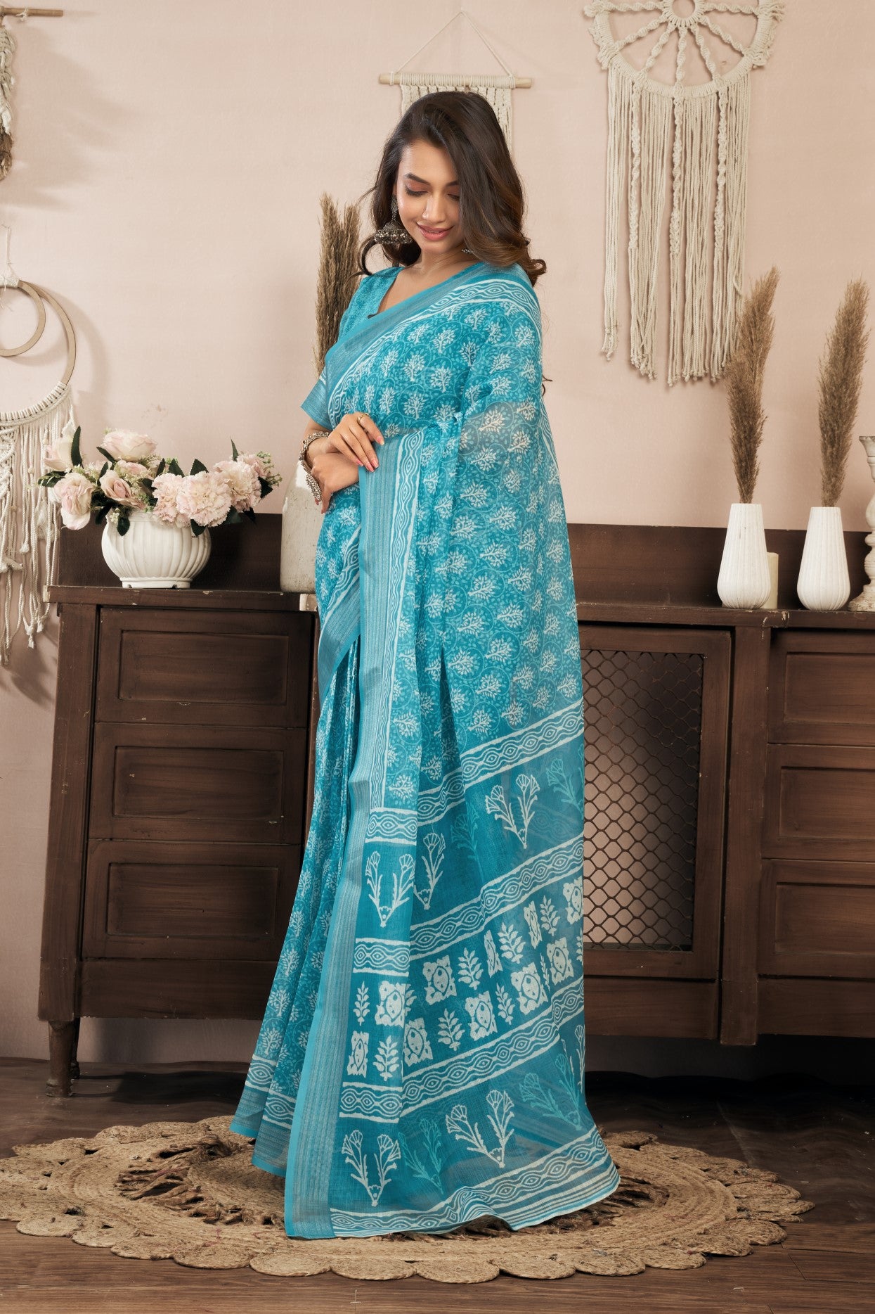 Sky Blue Linen Ready To Wear Saree With Zari Border Printed