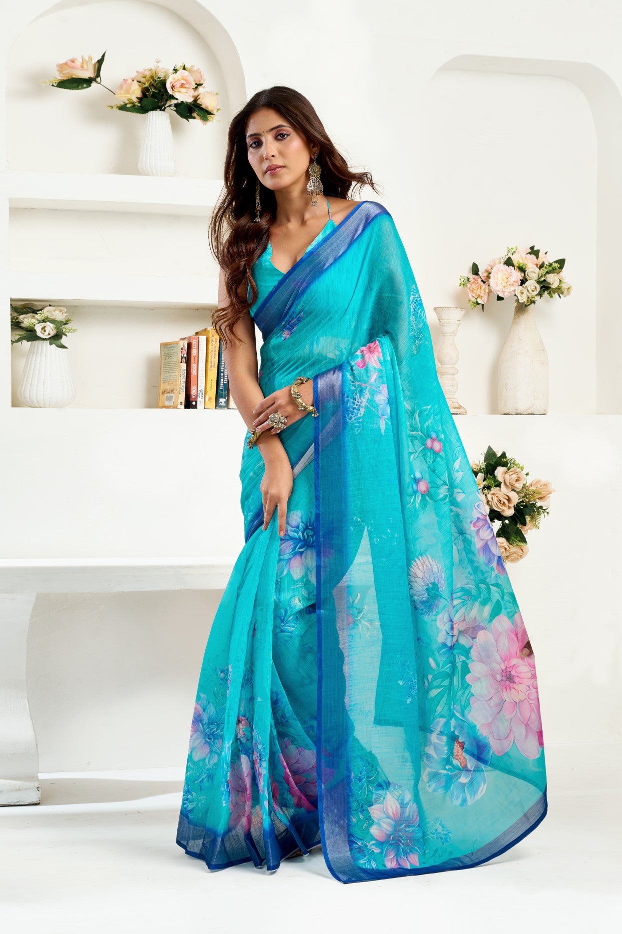 Sky Blue Linen Ready To Wear Saree With Zari Border Printed