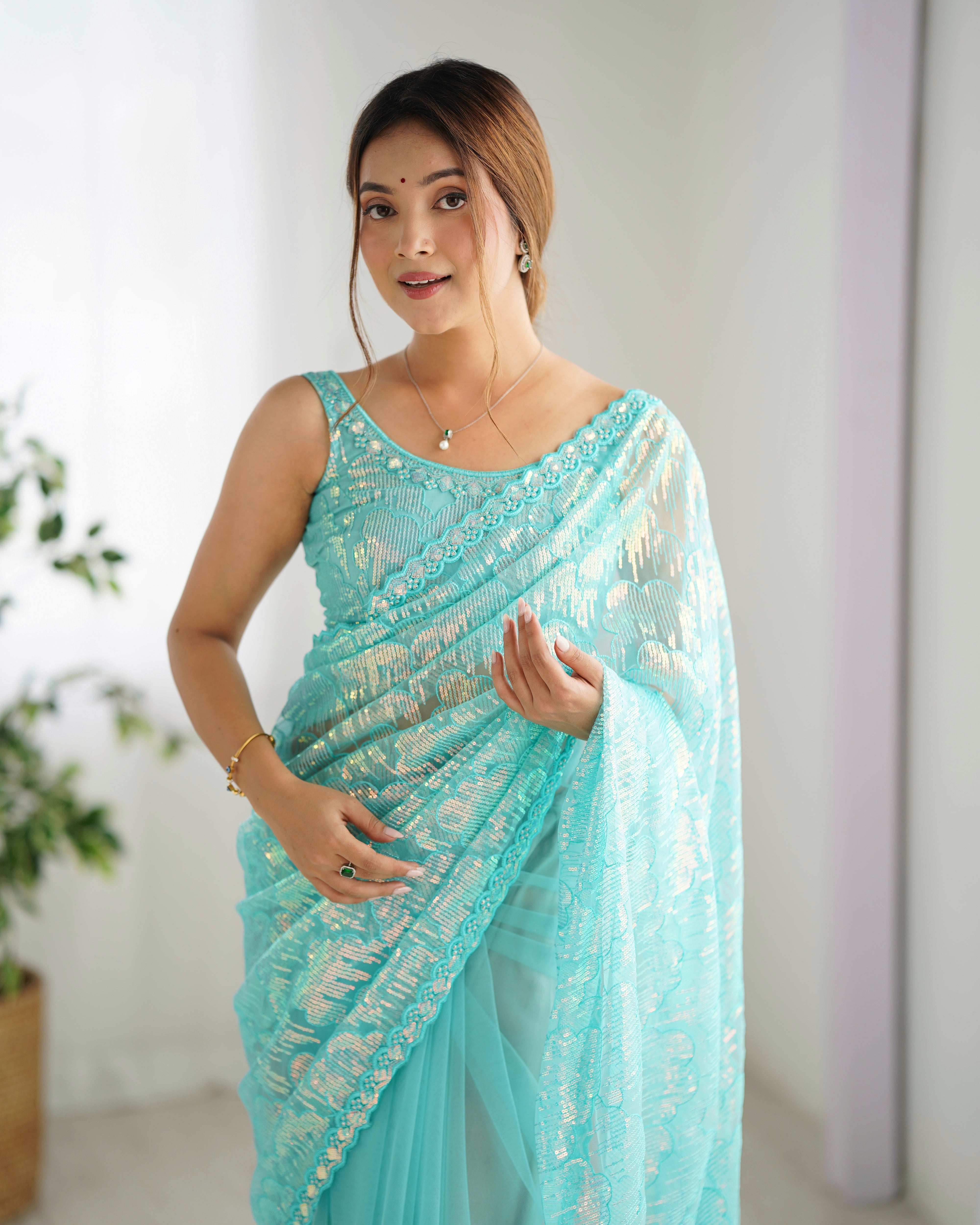 Sky Blue Mono Net Beautiful Bollywood Saree With Designer Sequins Work