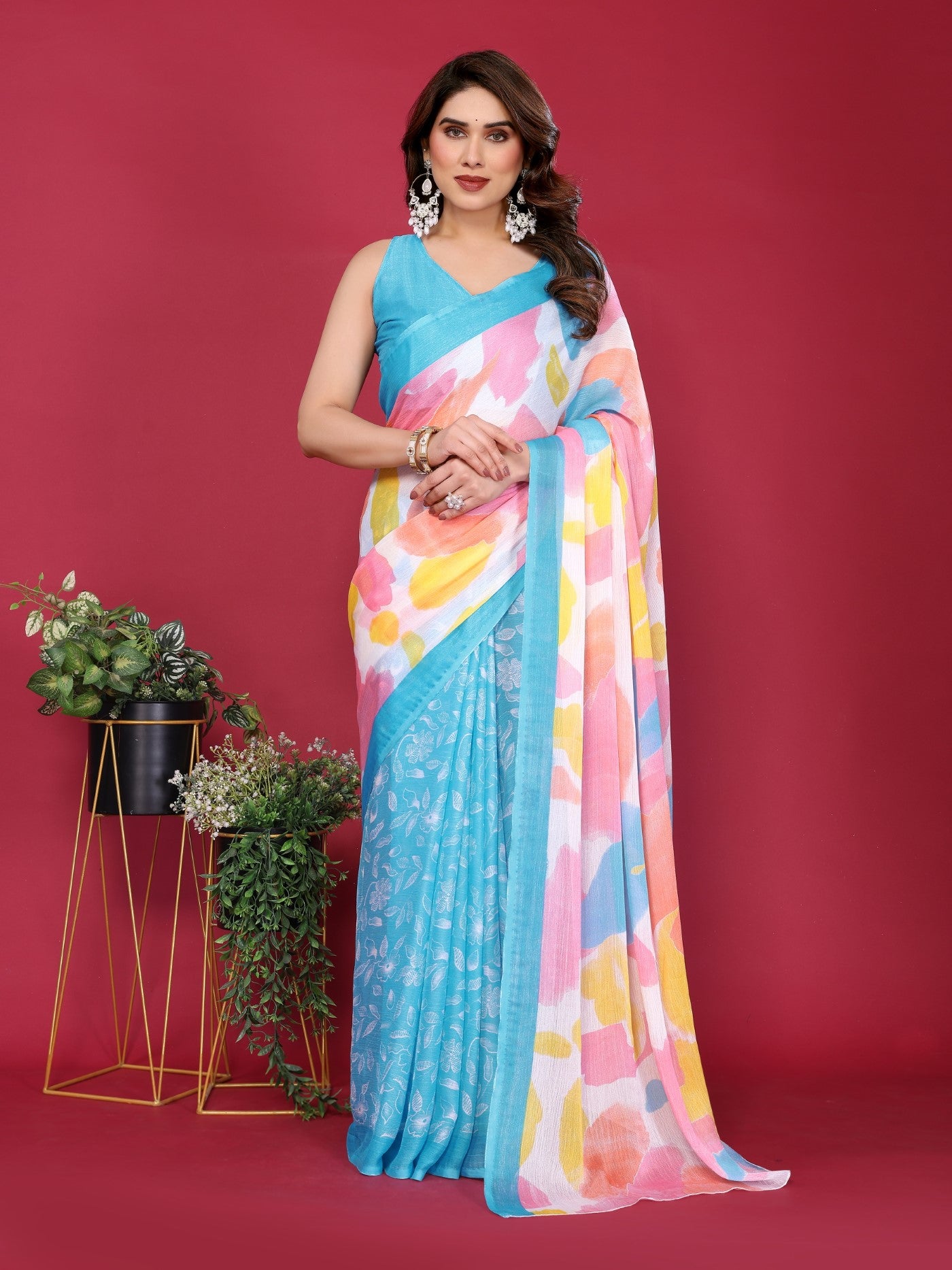 Sky Blue Moss Chiffon Saree With Elegant Printed Design