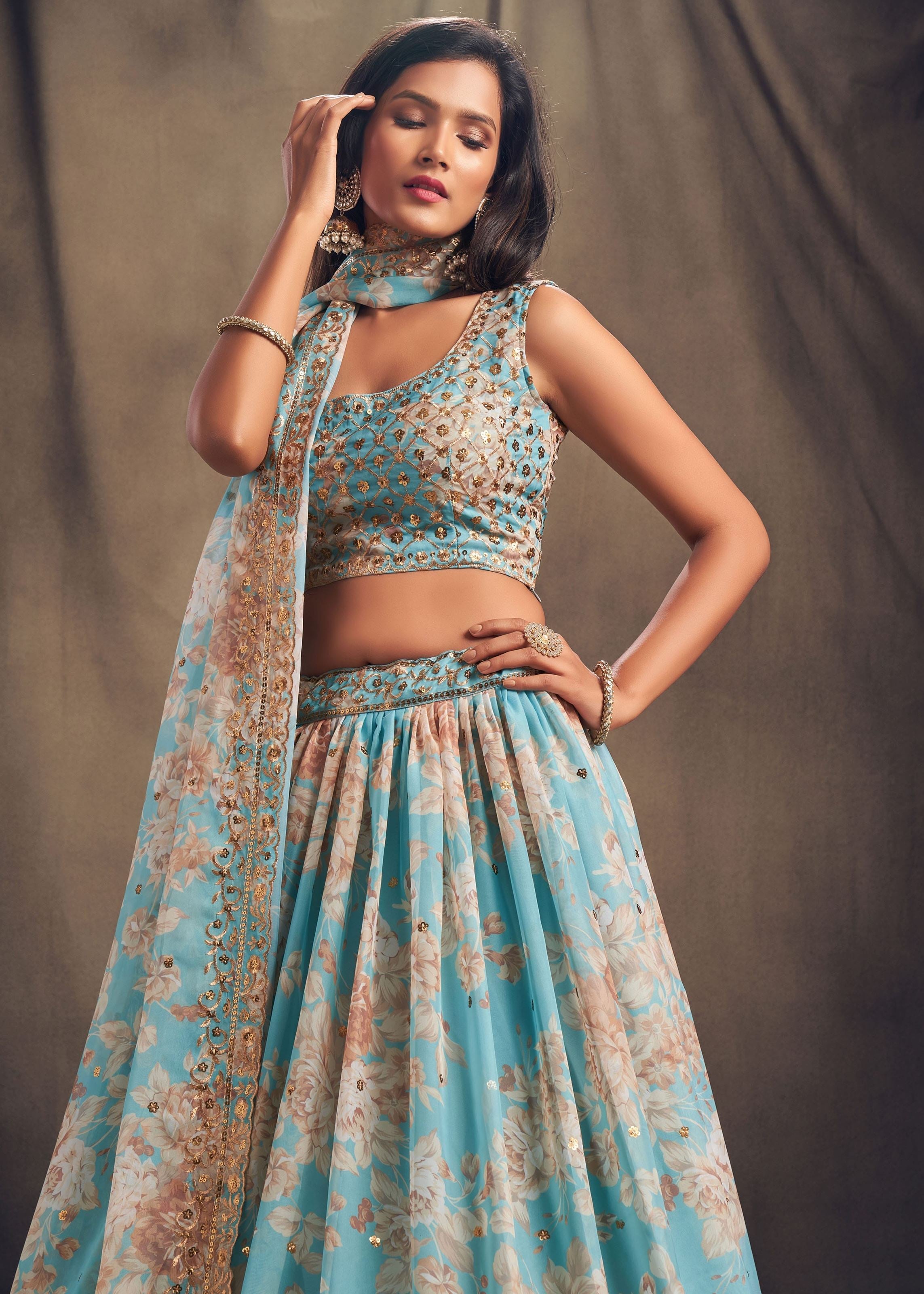 Sky Blue Organza Lehenga Choli With Sequins Zari Embroidery Work