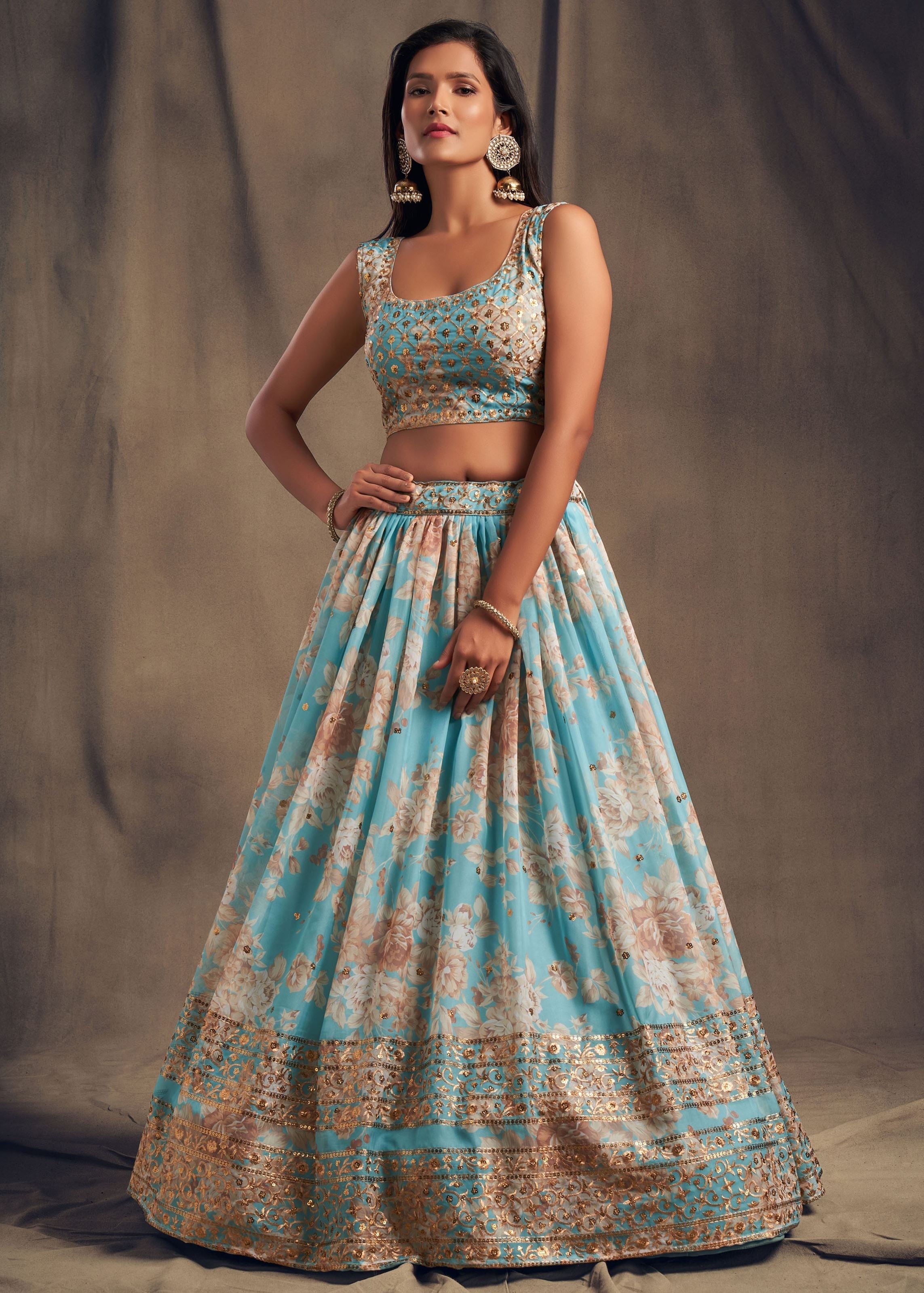 Sky Blue Organza Lehenga Choli With Sequins Zari Embroidery Work
