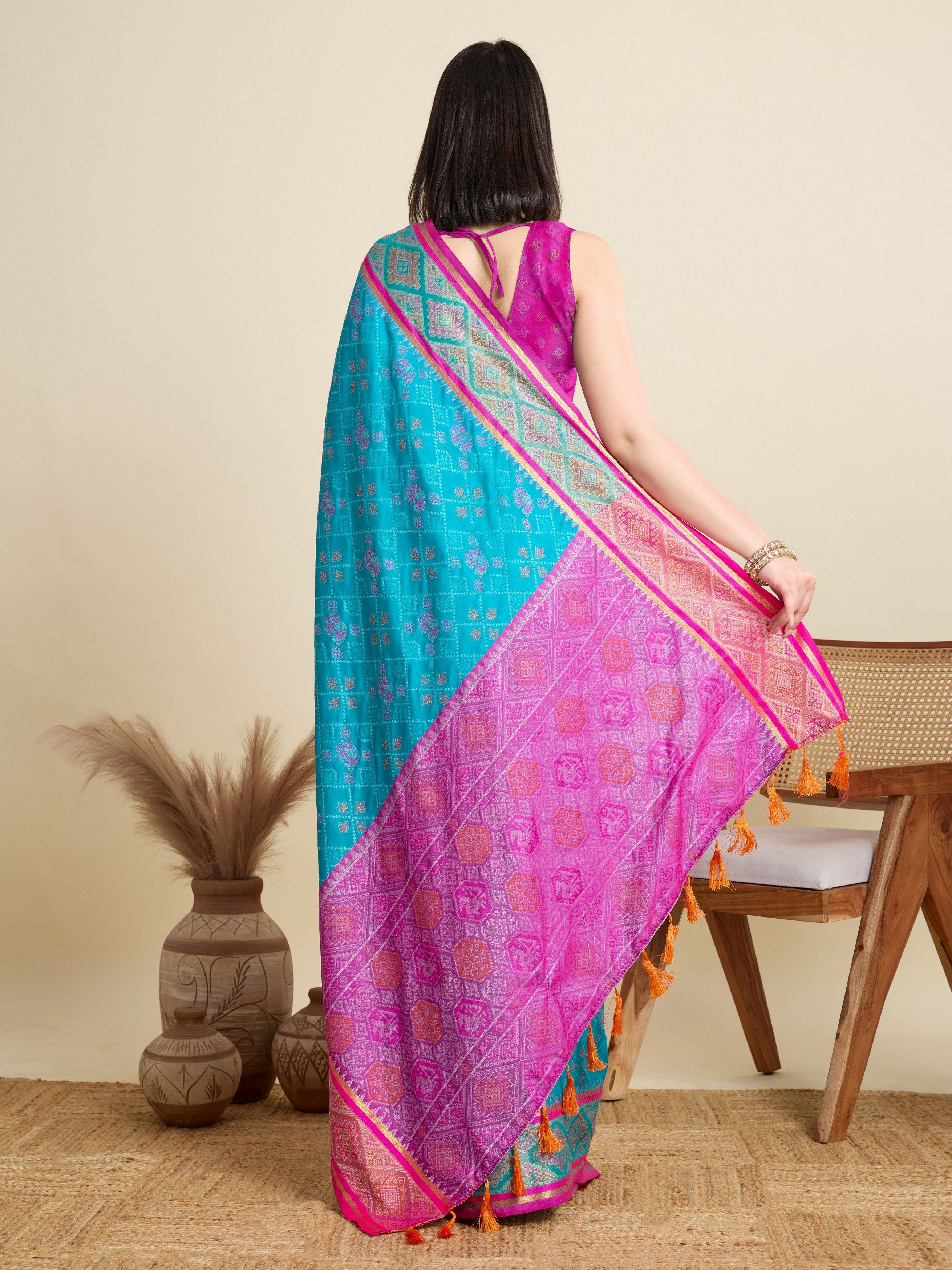 Sky Blue Patola Silk Woven Meenakari Designer Partywear Saree