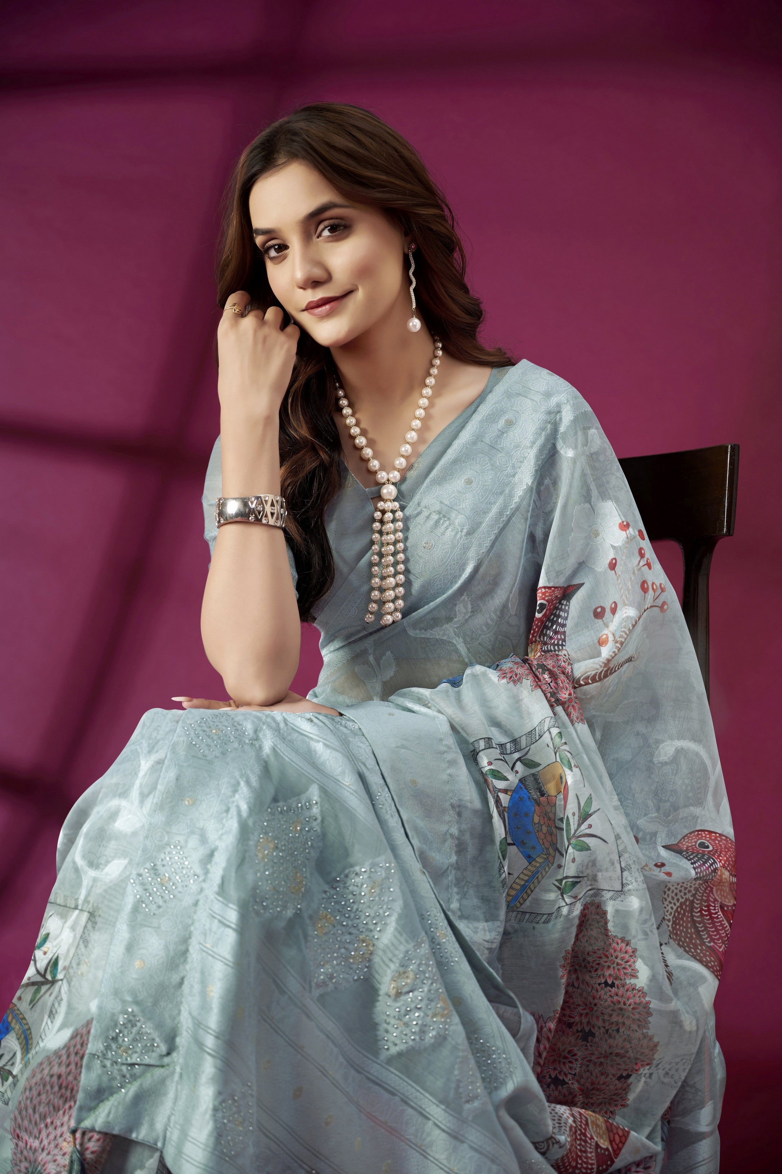 Sky Blue Rich Silk Jacquard Designer Saree With Smart Ethnic Printed