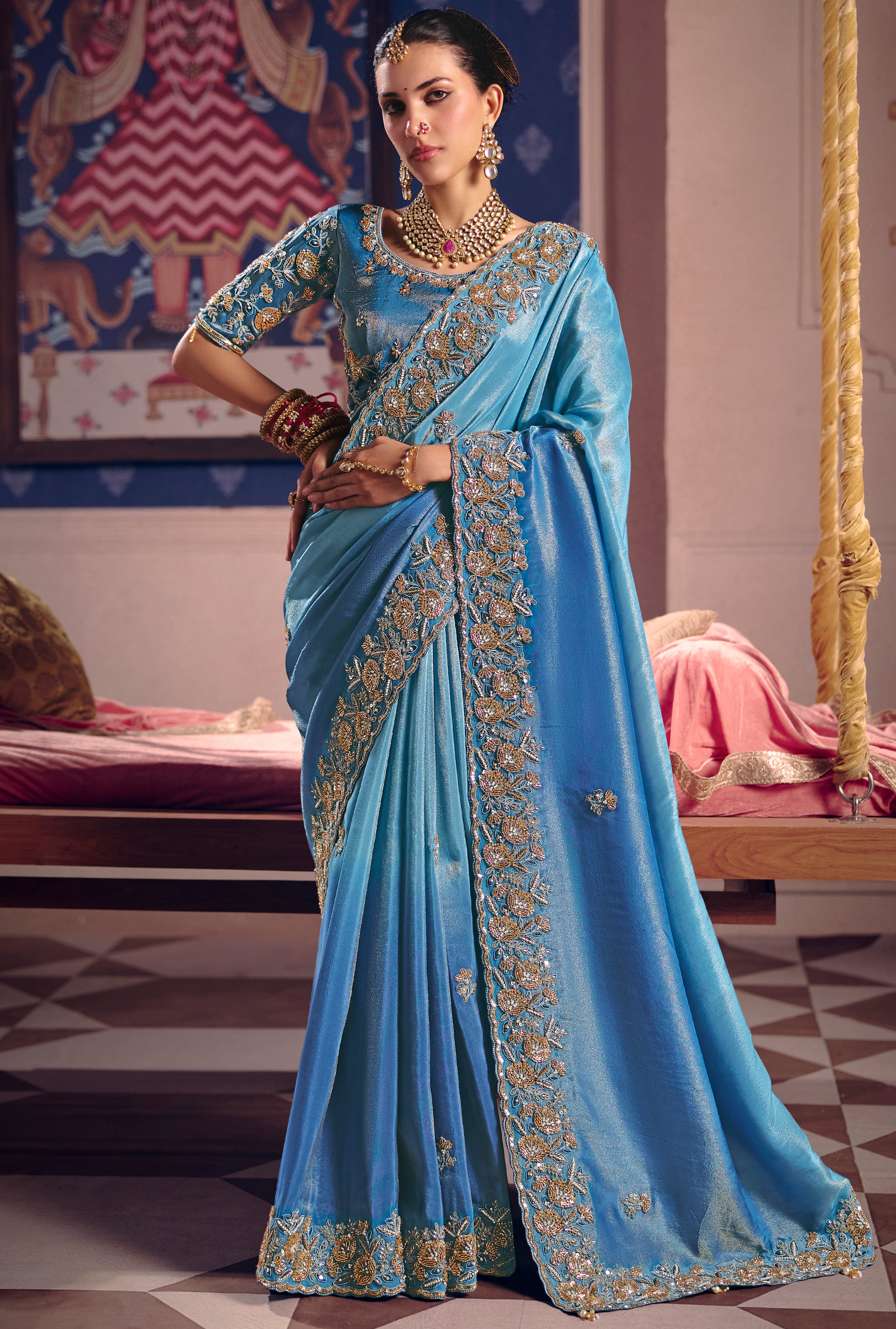 Sky Blue Saree With Heavy Embroidery, Beads With Sequince Work
