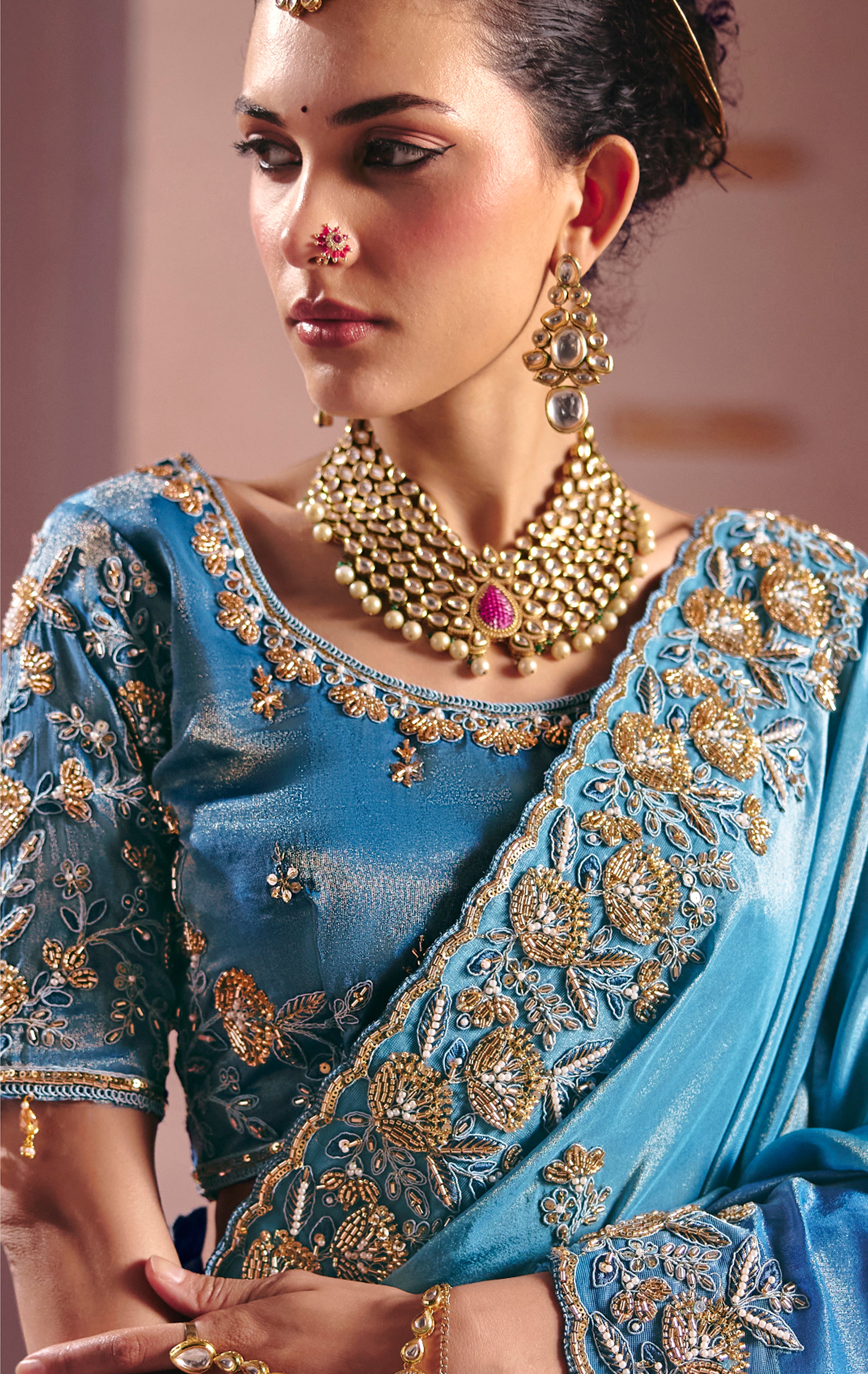 Sky Blue Saree With Heavy Embroidery, Beads With Sequince Work